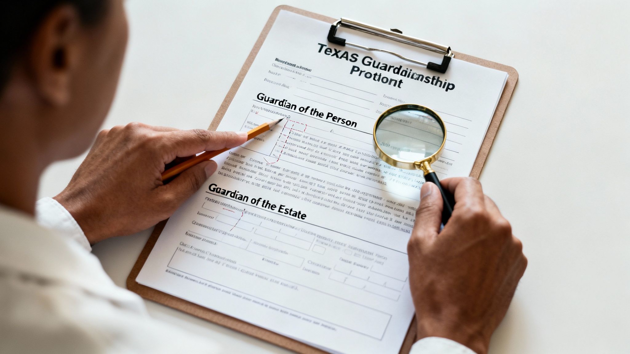 A person reviewing a Texas guardianship form with a pencil and magnifying glass.