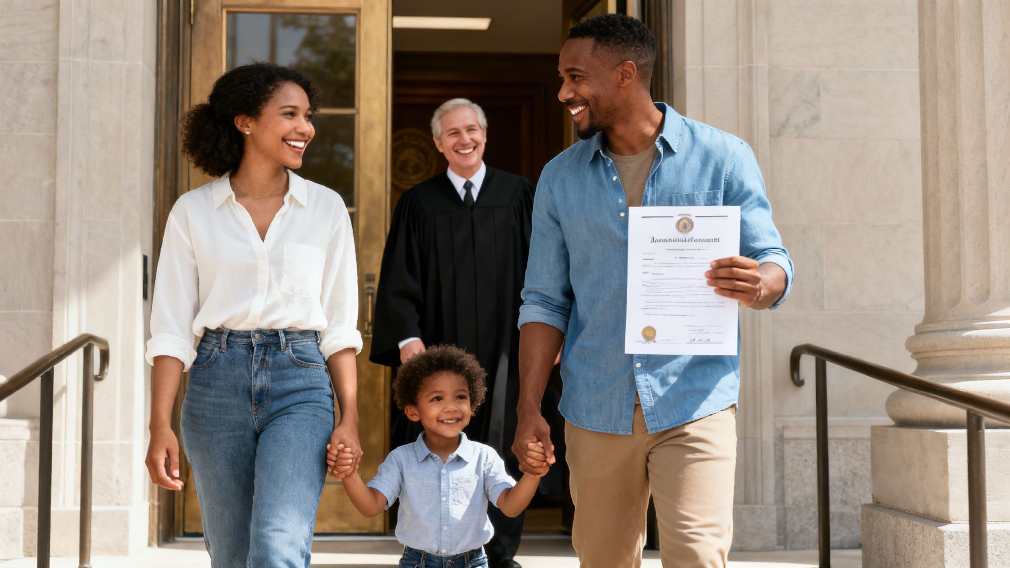 A smiling Black family, including parents and a young boy, leaves a courthouse with an adoption certificate, accompanied by a judge.