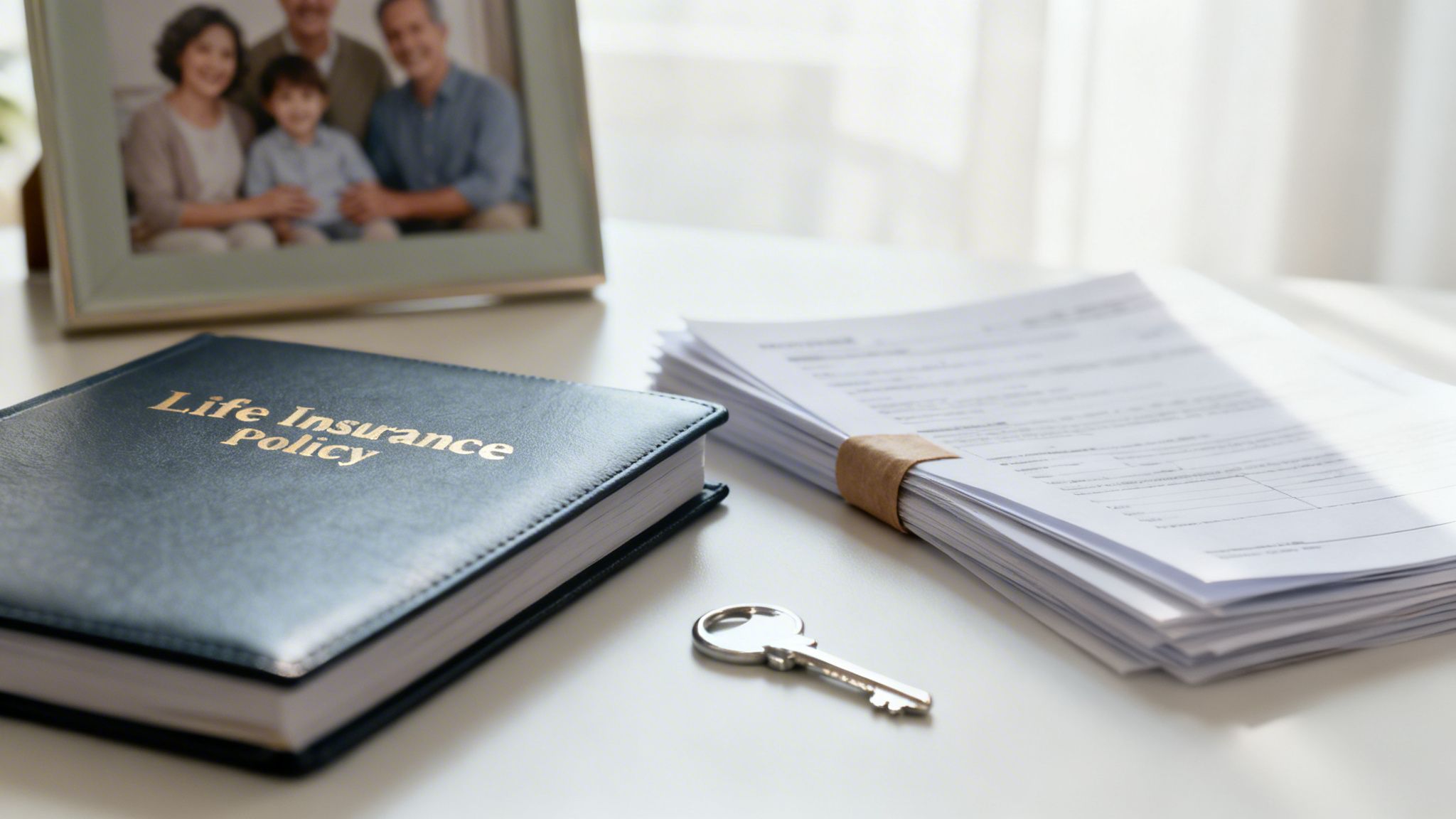 Life insurance policy book, a framed family photo, legal documents, and a house key on a table.