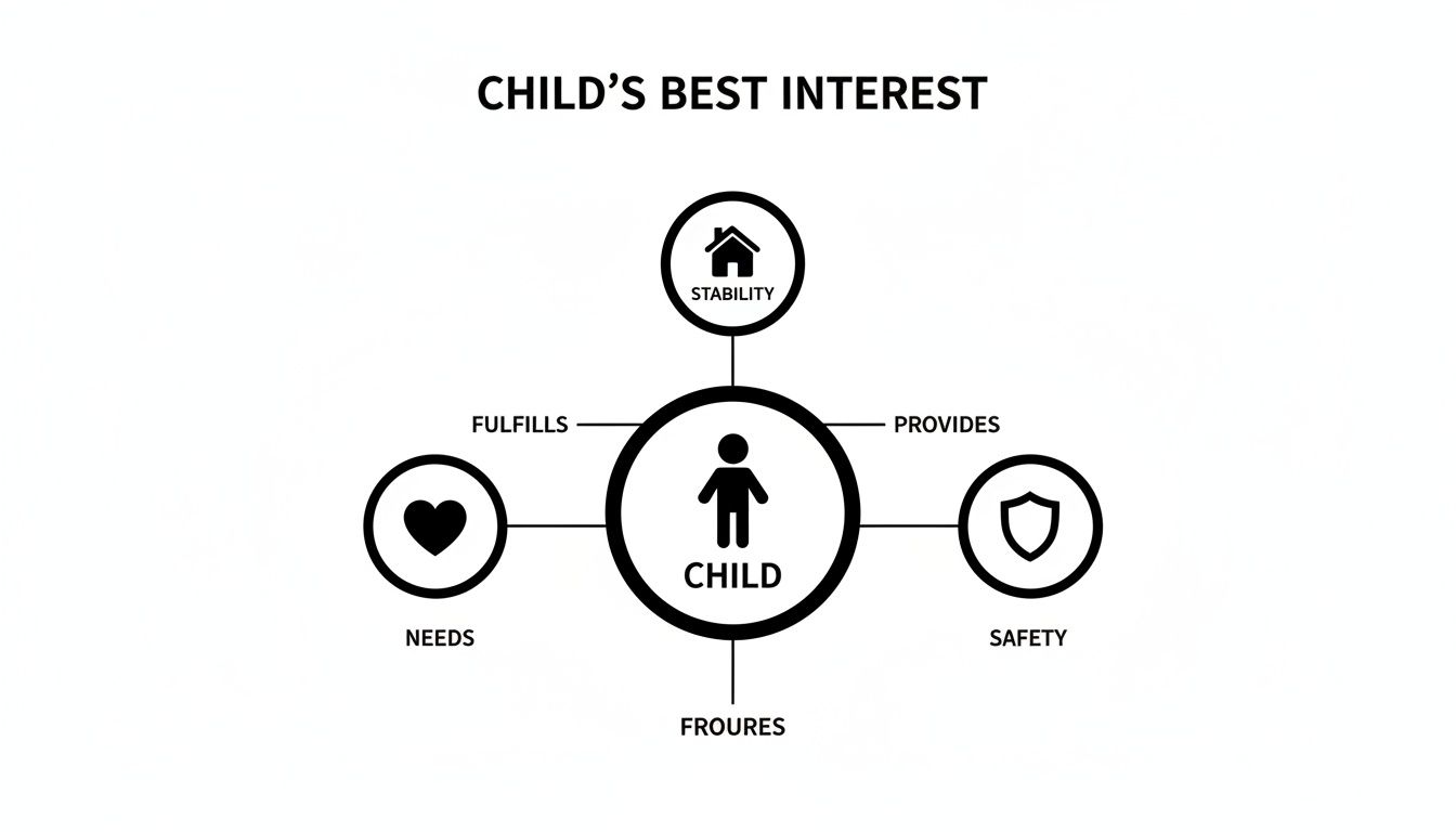 An infographic illustrating a child's best interest, focusing on stability, needs, and safety surrounding the child.