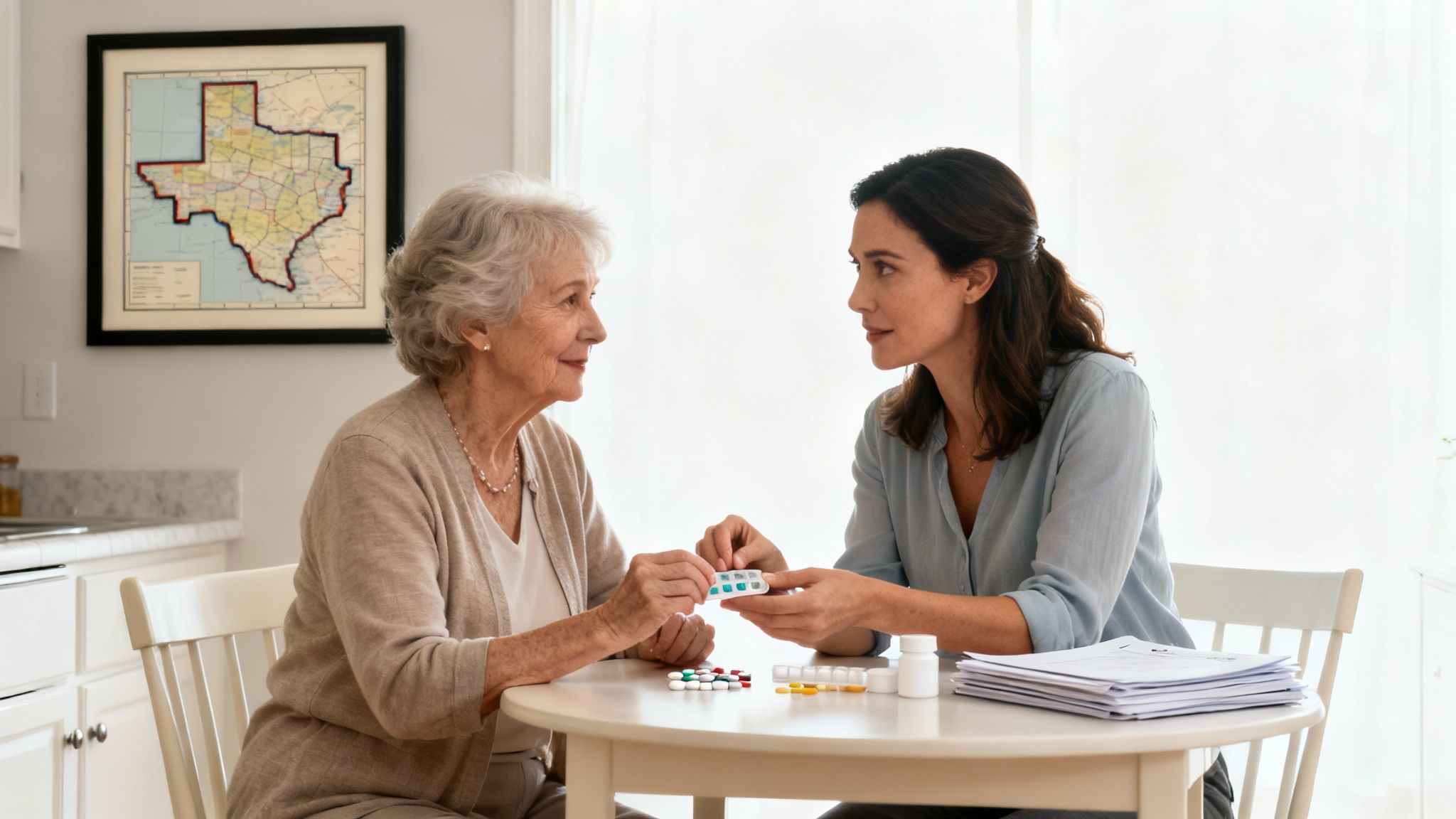 Healthcare professional explaining medication management to elderly woman at home table