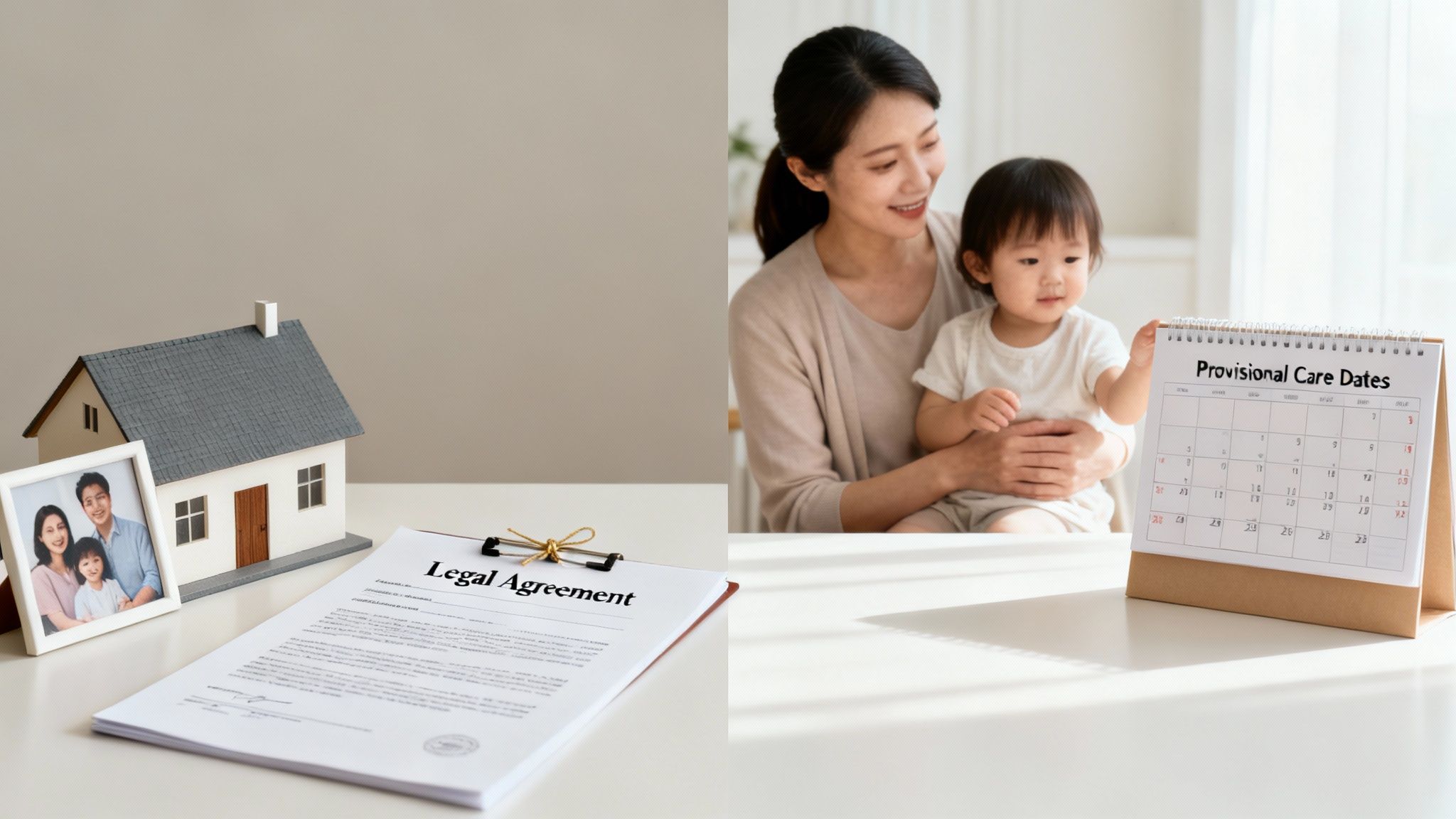 A split image showing a house model, family photo, and legal document, and a mother and child looking at a care calendar.