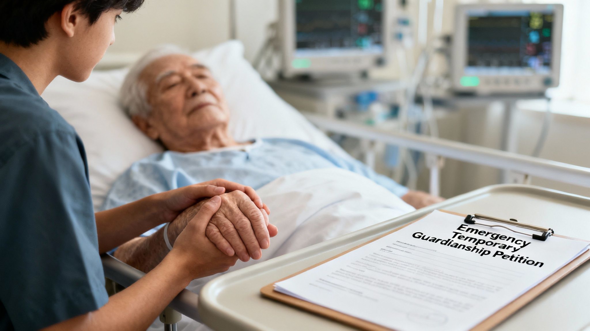 A compassionate healthcare worker checking the pulse of an elderly patient in a hospital bed.