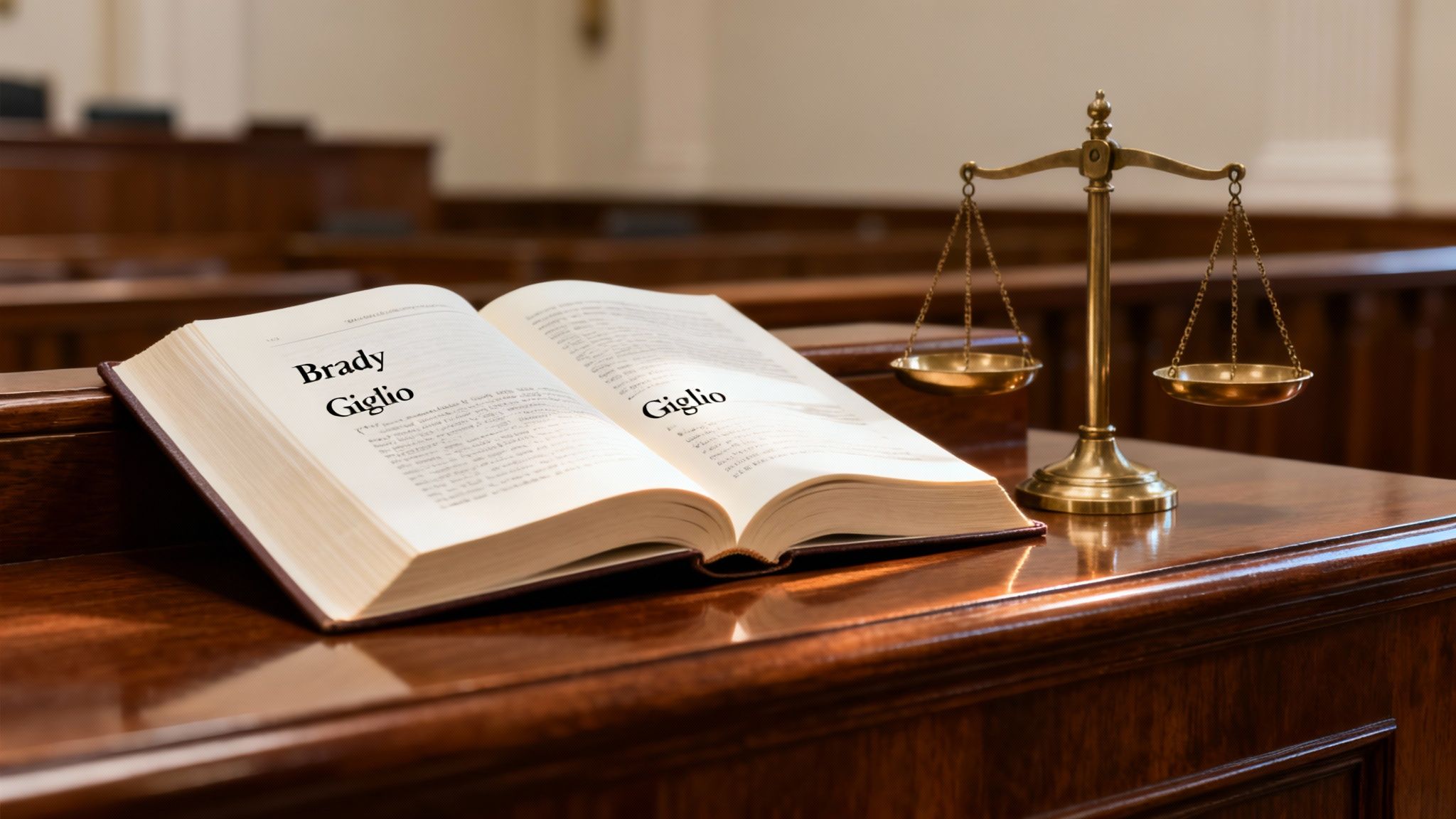 An open law book displaying 'Brady Giglio' and 'Giglio' with scales of justice in a courtroom setting.