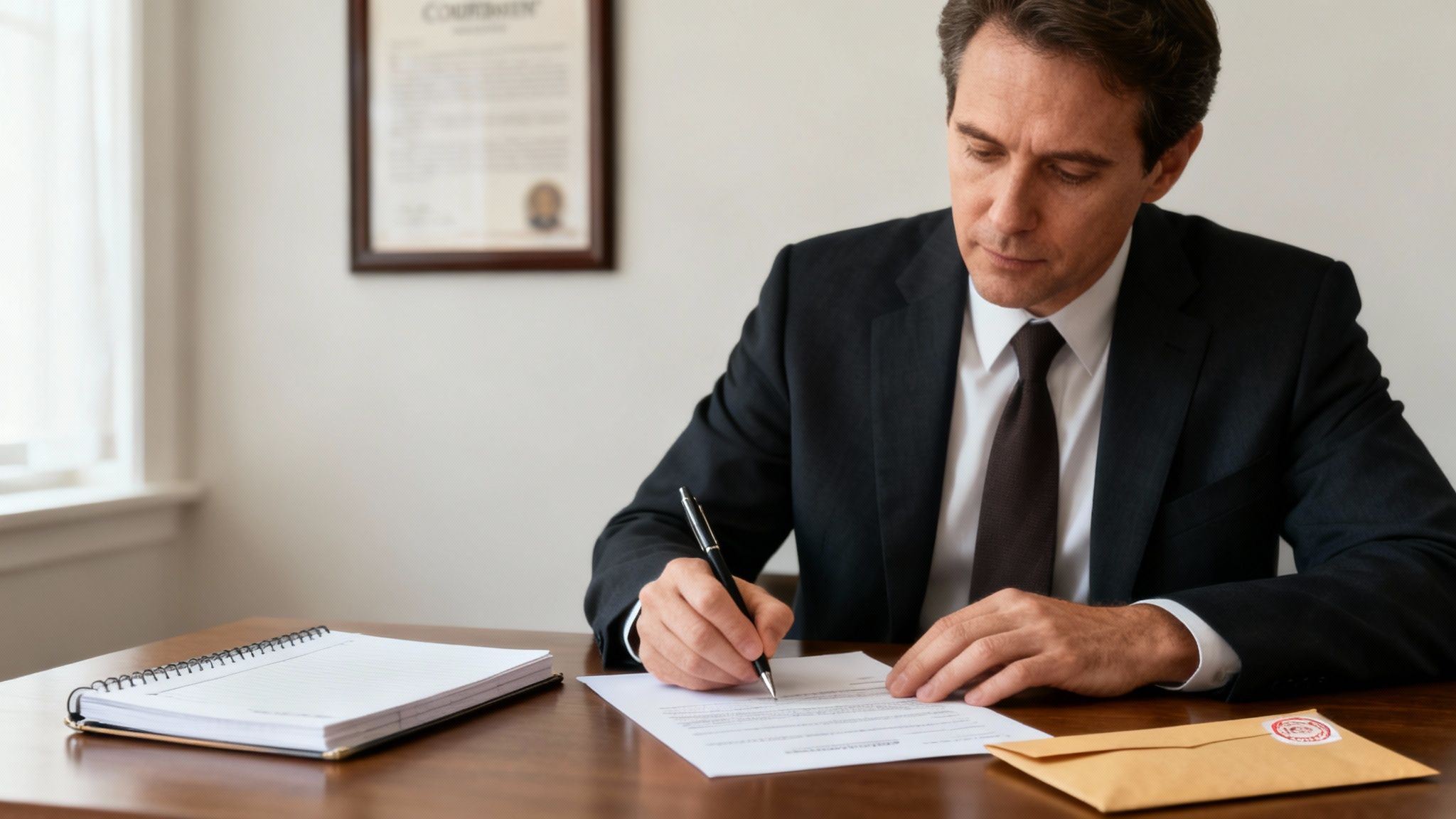 A person carefully reviewing legal documents at a desk, signifying diligence and responsibility.
