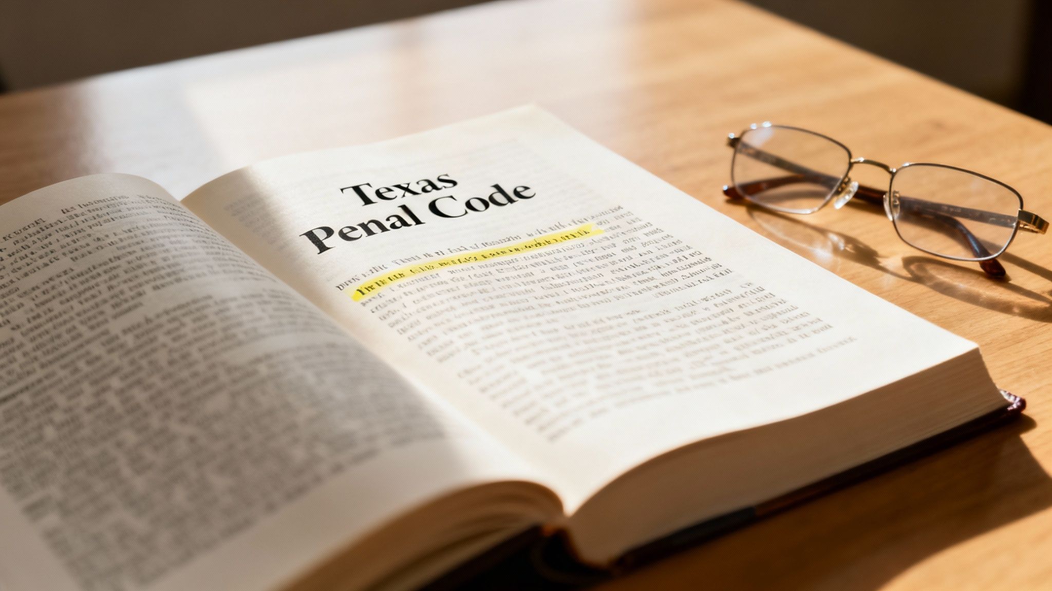 An open book titled 'Texas Penal Code' with highlighted text and reading glasses on a wooden table.