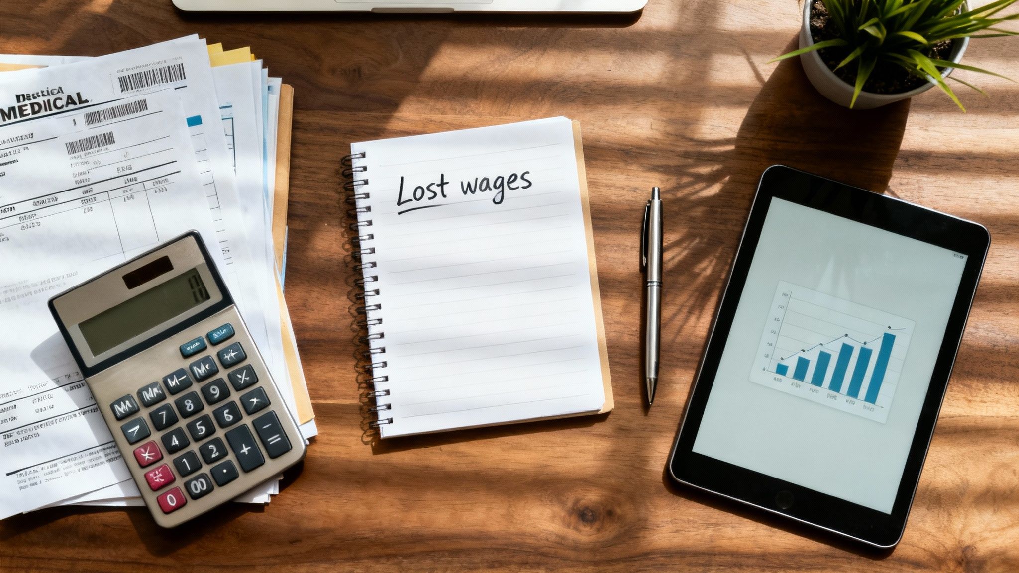 A person using a calculator to figure out the costs after a car accident.