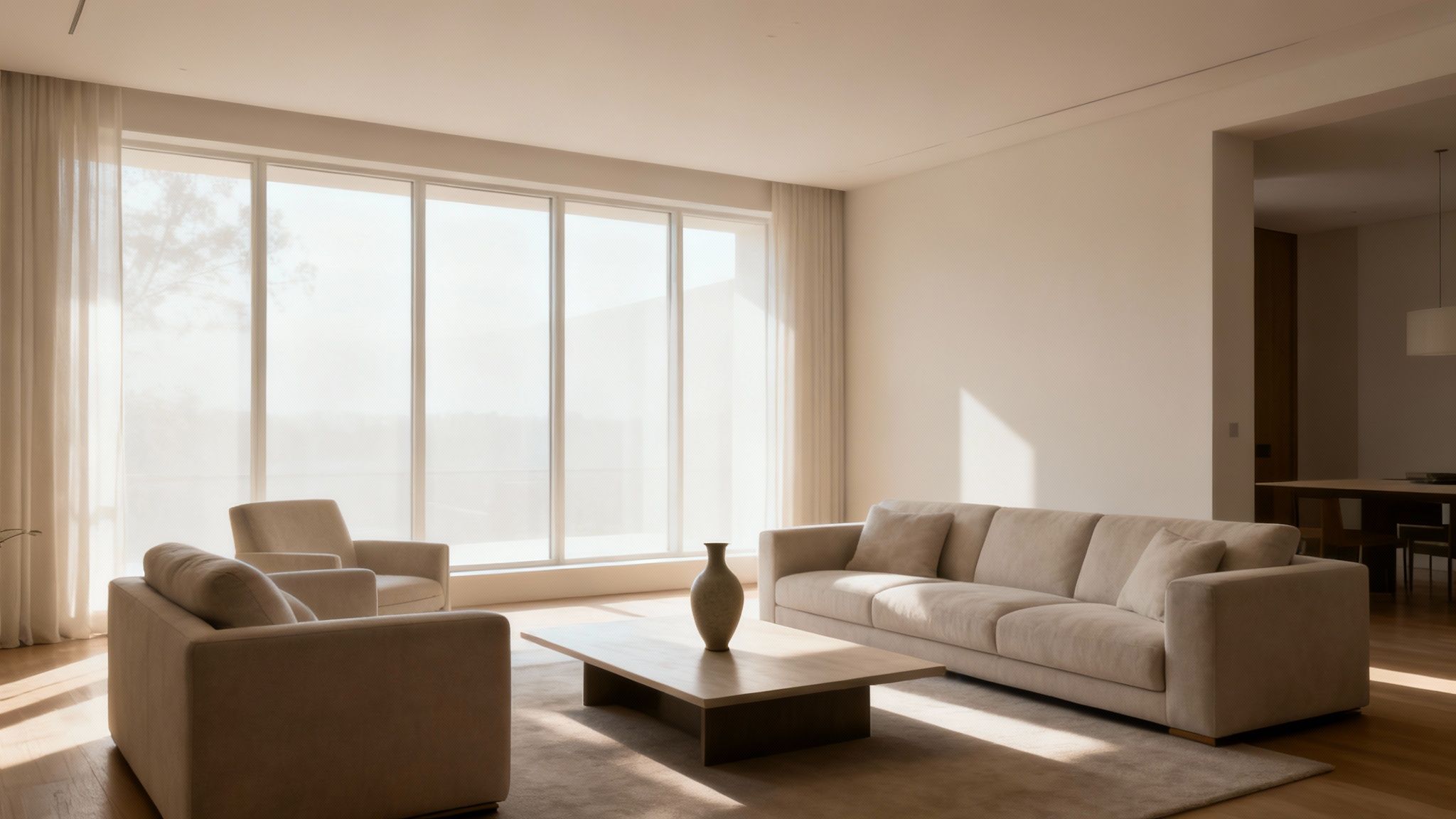 A bright, minimalist living room with neutral-colored sofas, a coffee table, and large windows.