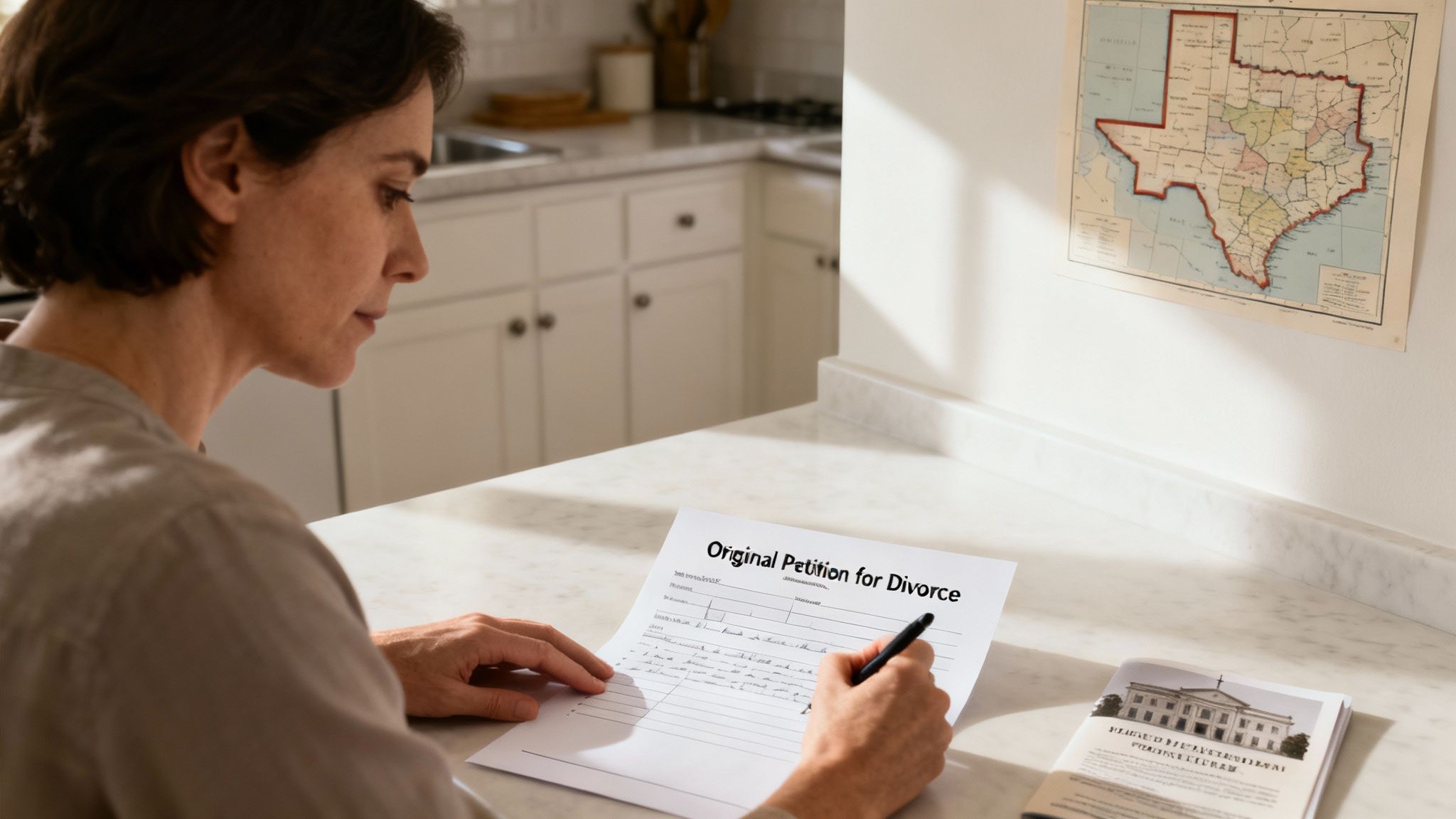 Woman filling out the "Original Petition for Divorce" form on a kitchen table, with a Texas map on the wall and a legal brochure nearby, illustrating the divorce filing process in Texas.