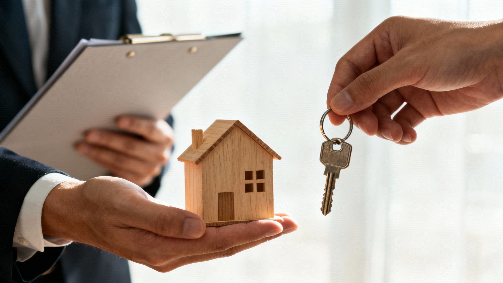 A person holds a wooden model house, another holds keys, with a person holding a clipboard in the background, symbolizing real estate.