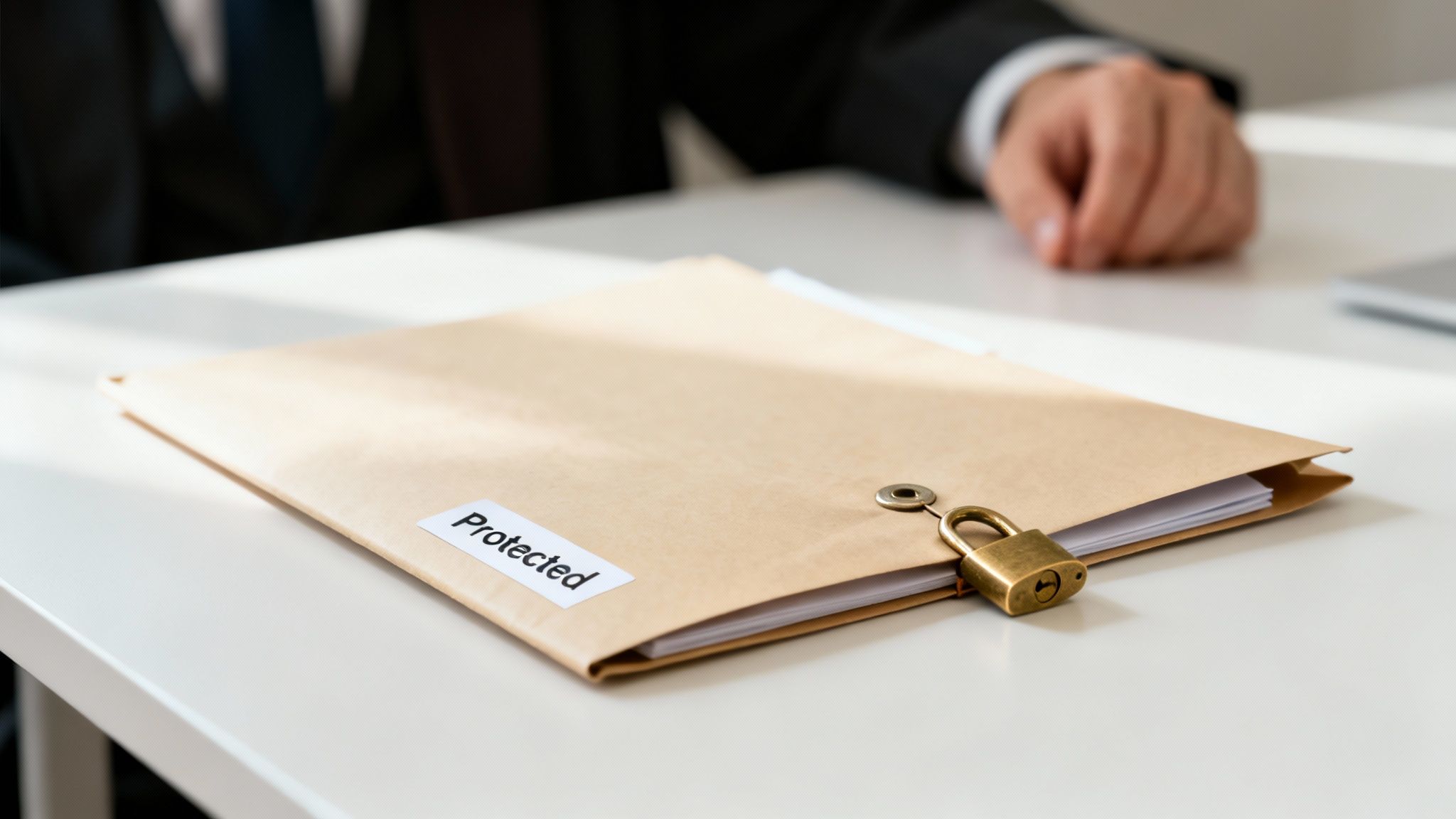 Protected folder with lock on a table, symbolizing privacy and confidentiality in divorce discovery process.