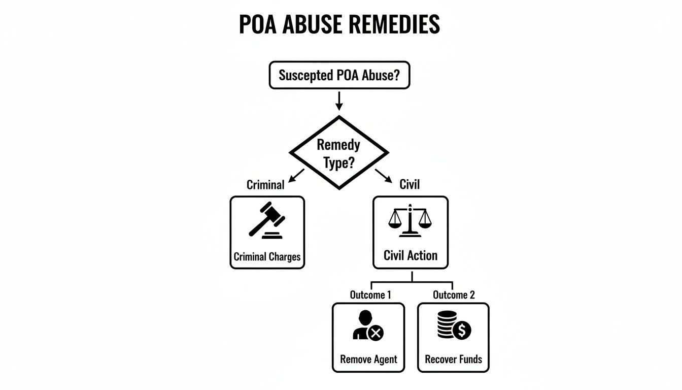 Flowchart illustrating remedies for suspected power of attorney abuse, detailing criminal charges and civil actions with outcomes of removing an agent or recovering funds.