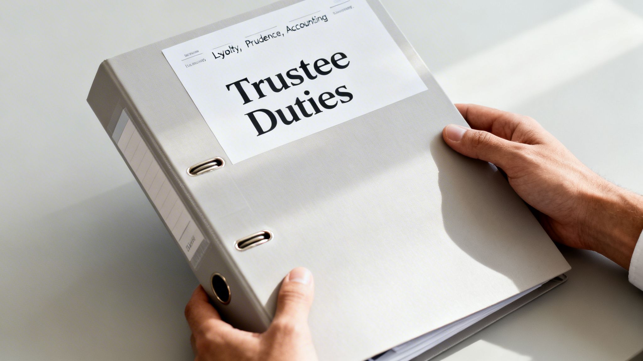 A person holds a grey binder with a label reading "Trustee Duties" and "Loyalty, Prudence, Accounting."