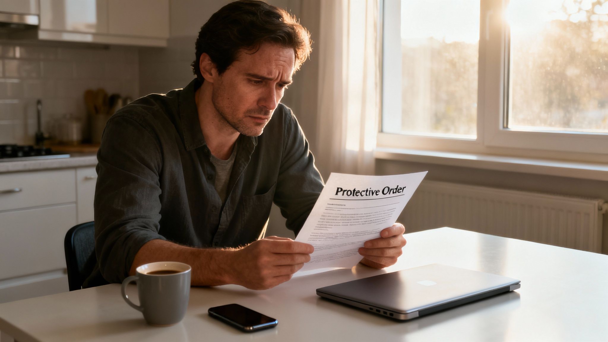 A concerned man reads a "Protective Order" document at a table in his kitchen.