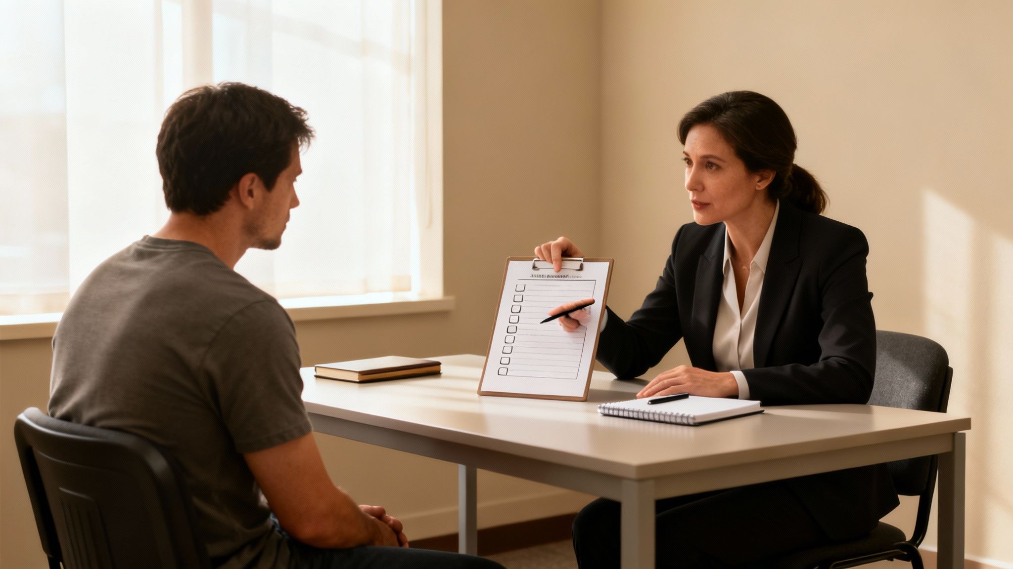 Consultation between a lawyer and a client discussing DWI penalties, with a checklist and notebook on the table.