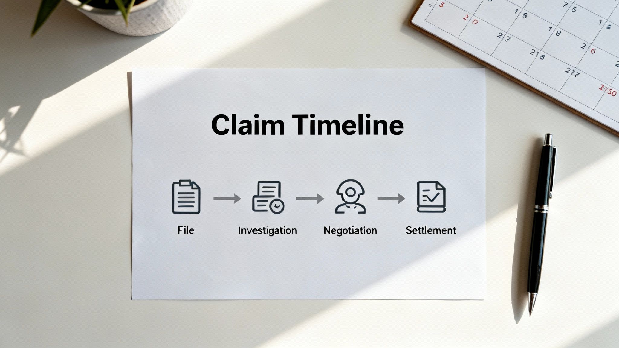 A paper shows a claim timeline diagram with icons for File, Investigation, Negotiation, and Settlement steps.