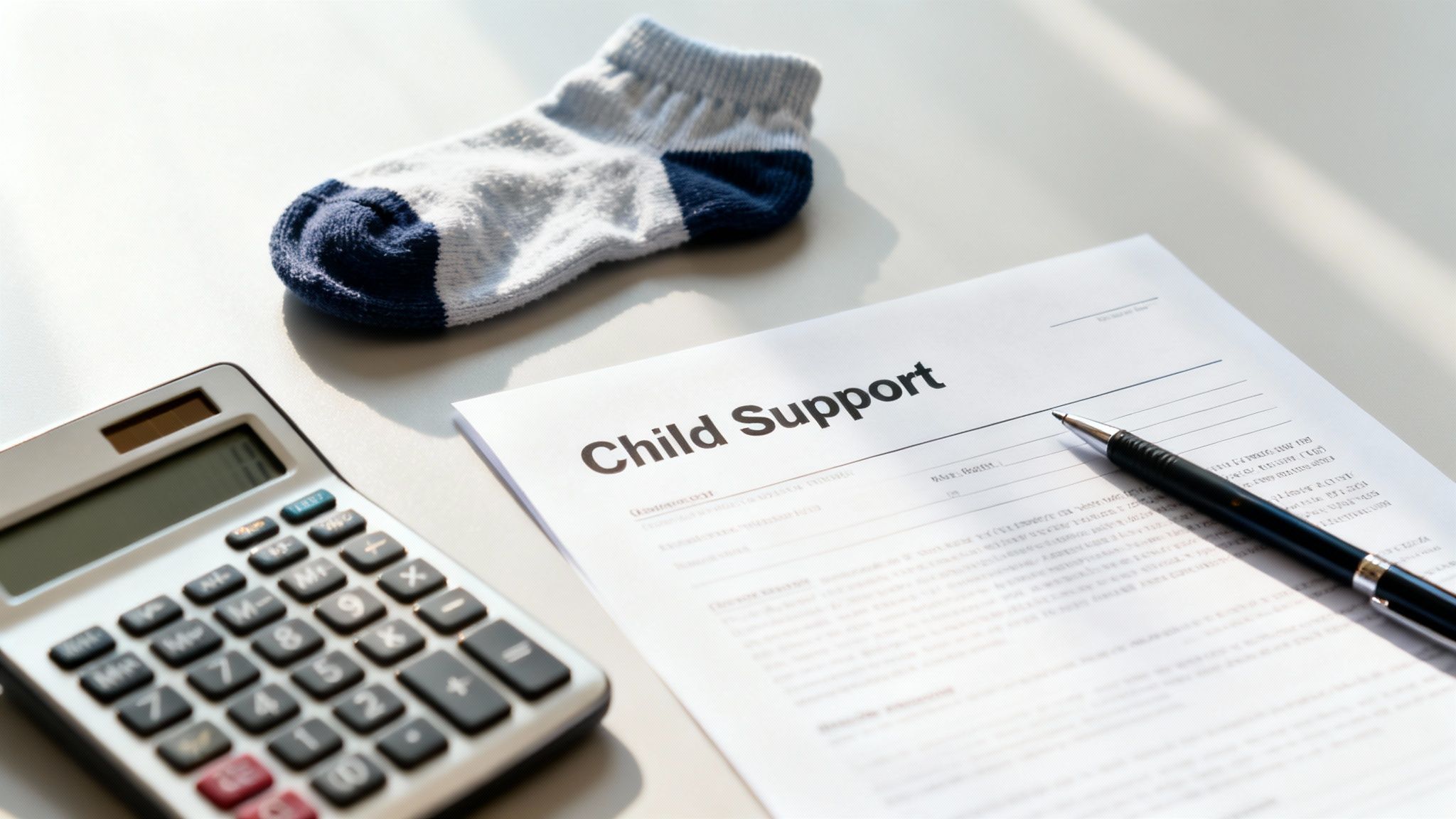 Child support document with a calculator and a child's sock, symbolizing financial responsibility for unmarried parents in Texas.