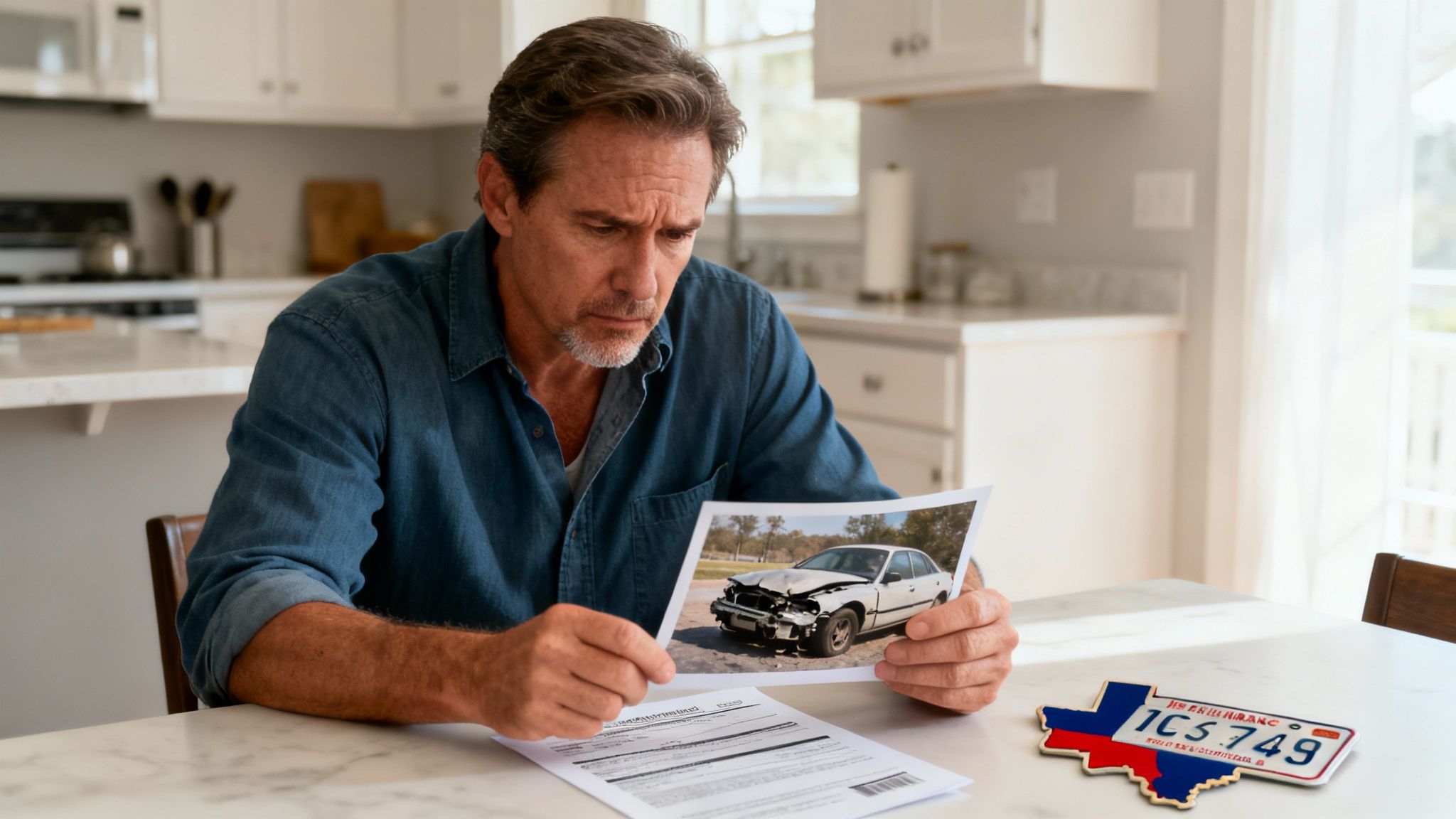 A person reviewing their car insurance policy document with a pen.