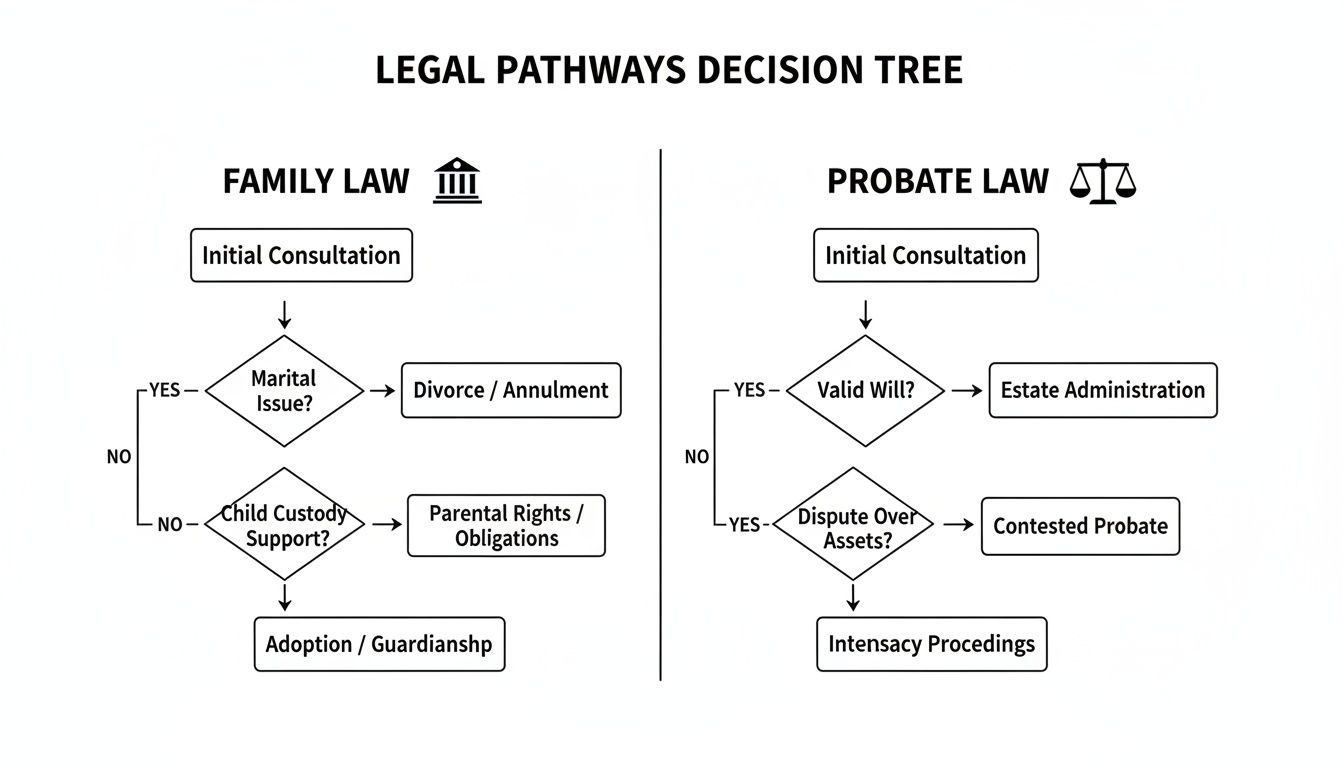 Legal pathways decision tree flowchart illustrating steps for Family Law and Probate Law processes.