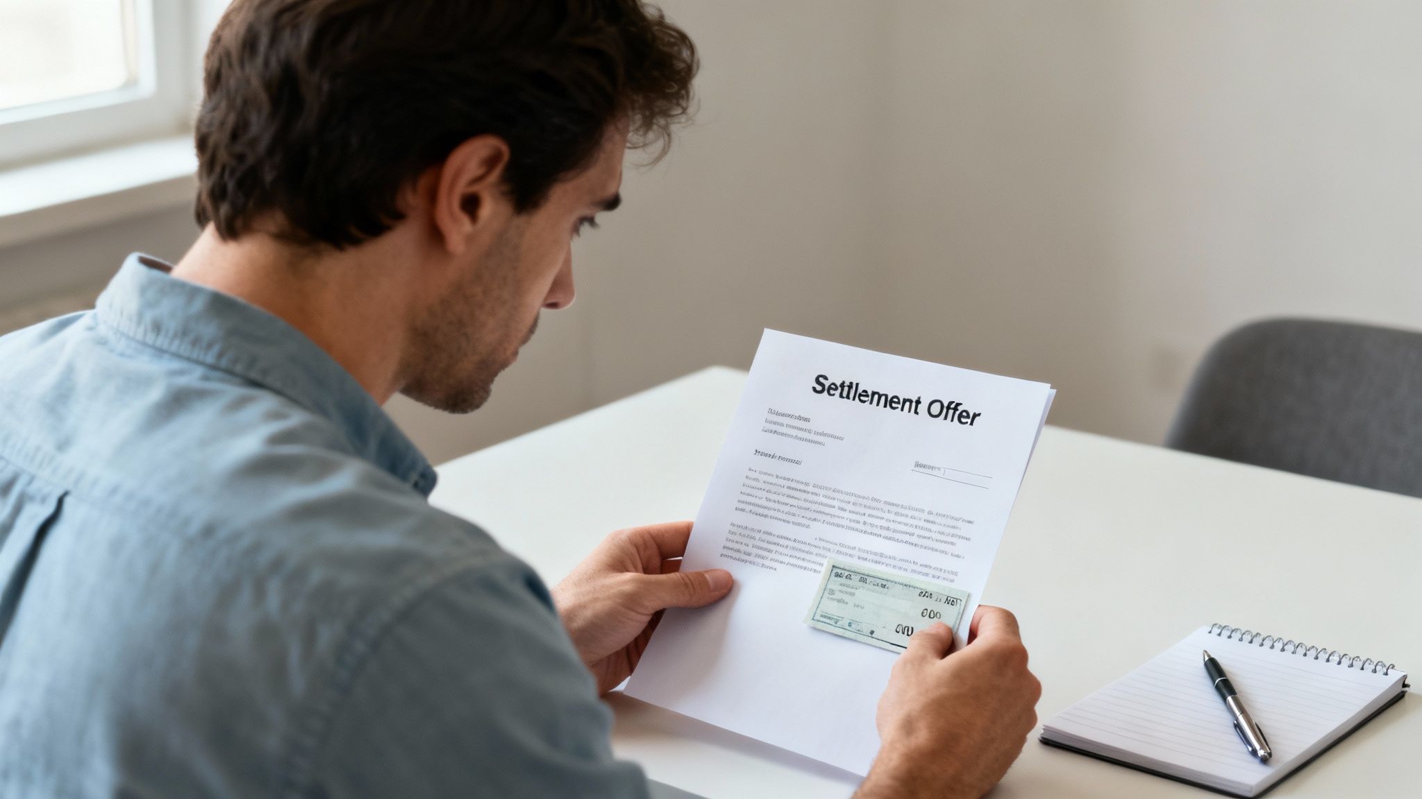 A person reviews a settlement document with a skeptical expression.