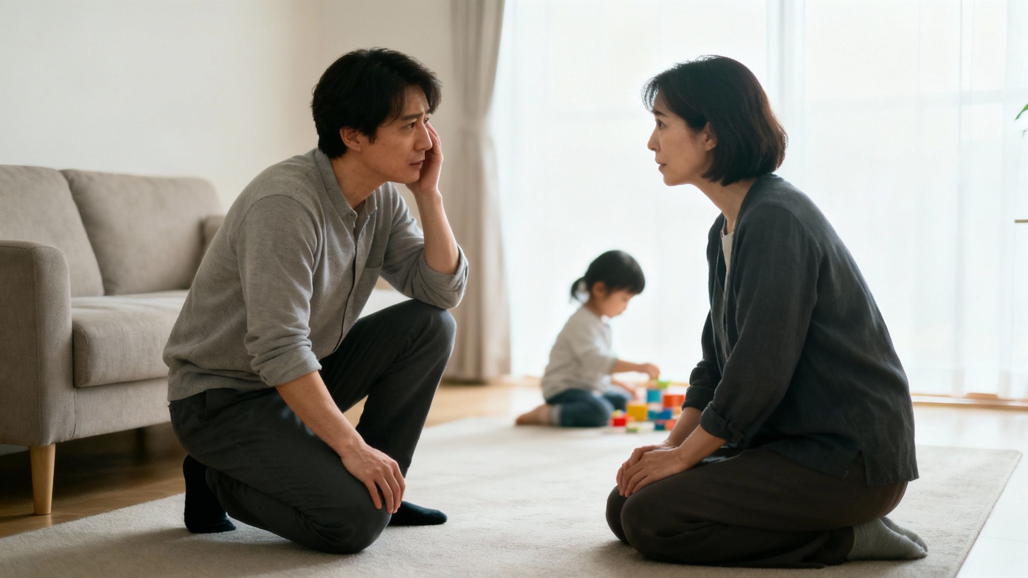 A tender moment between a parent and child, focused on their hands, suggesting protection and care.
