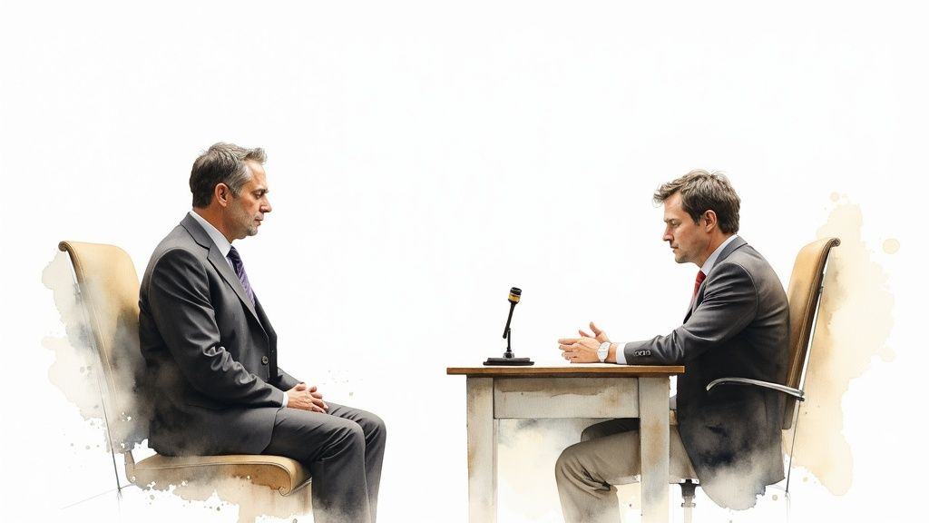 Two men in formal attire engaged in a serious discussion at a table, with one man seated and the other standing, emphasizing the urgency of legal proceedings related to emergency custody hearings.