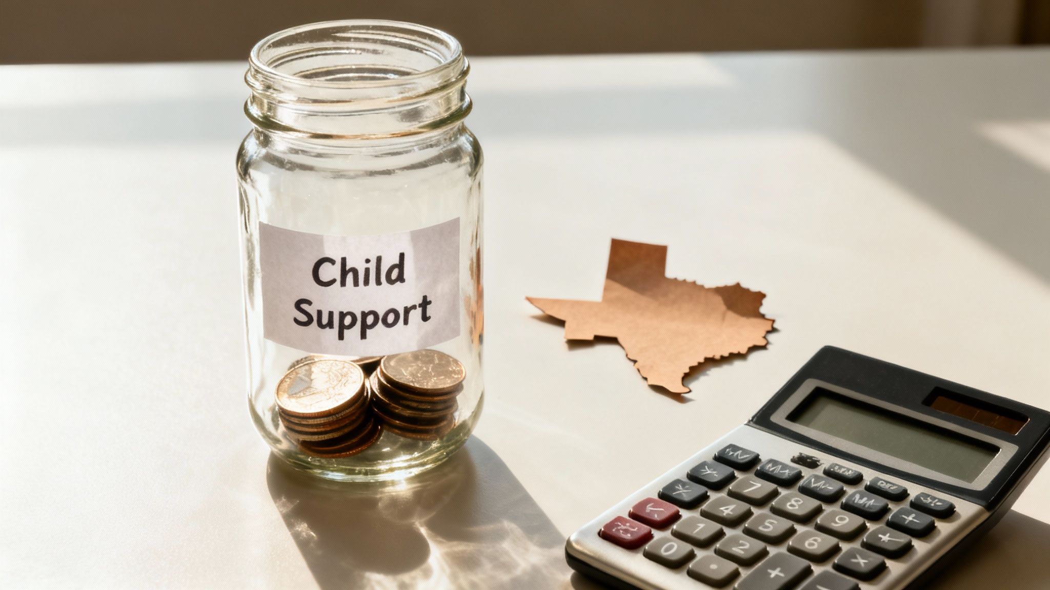 A calculator and pen on a desk, representing the calculation of child support.