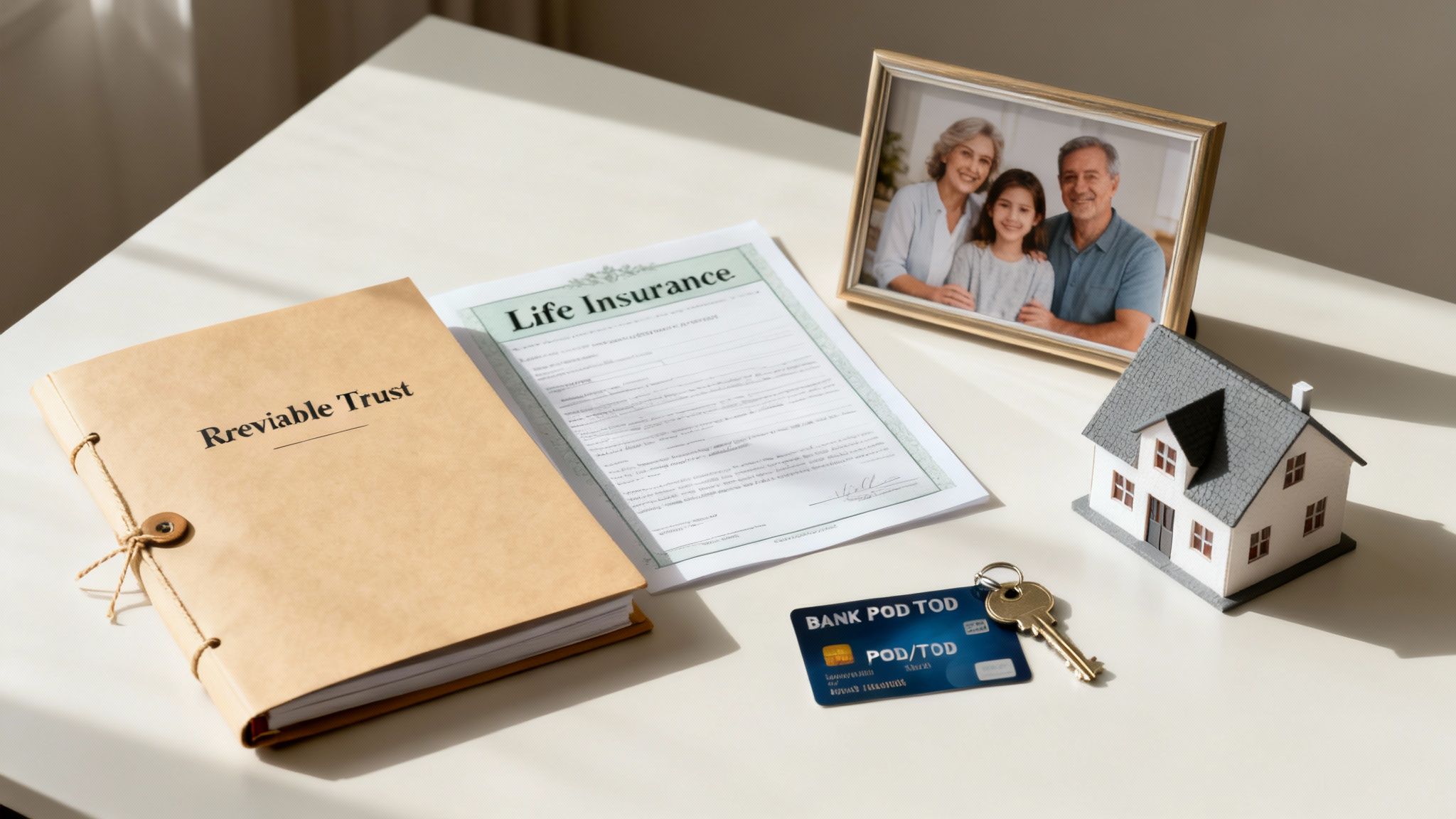 A table displays a 'Rrevocable Trust' binder, 'Life Insurance' document, family photo, model house, bank card, and house key.