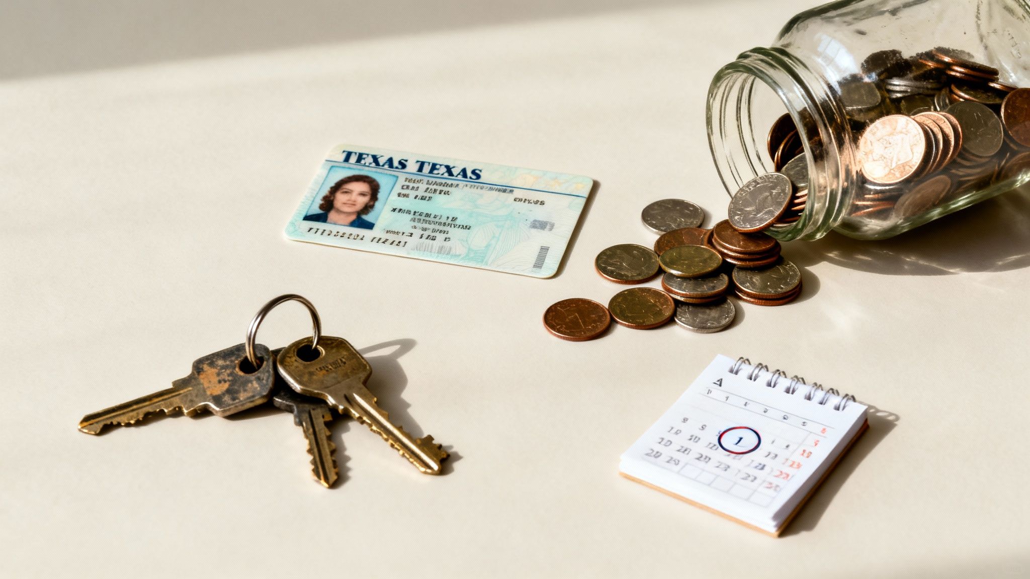 A Texas ID card, keys, spilled coins from a jar, and a calendar with '1' circled.