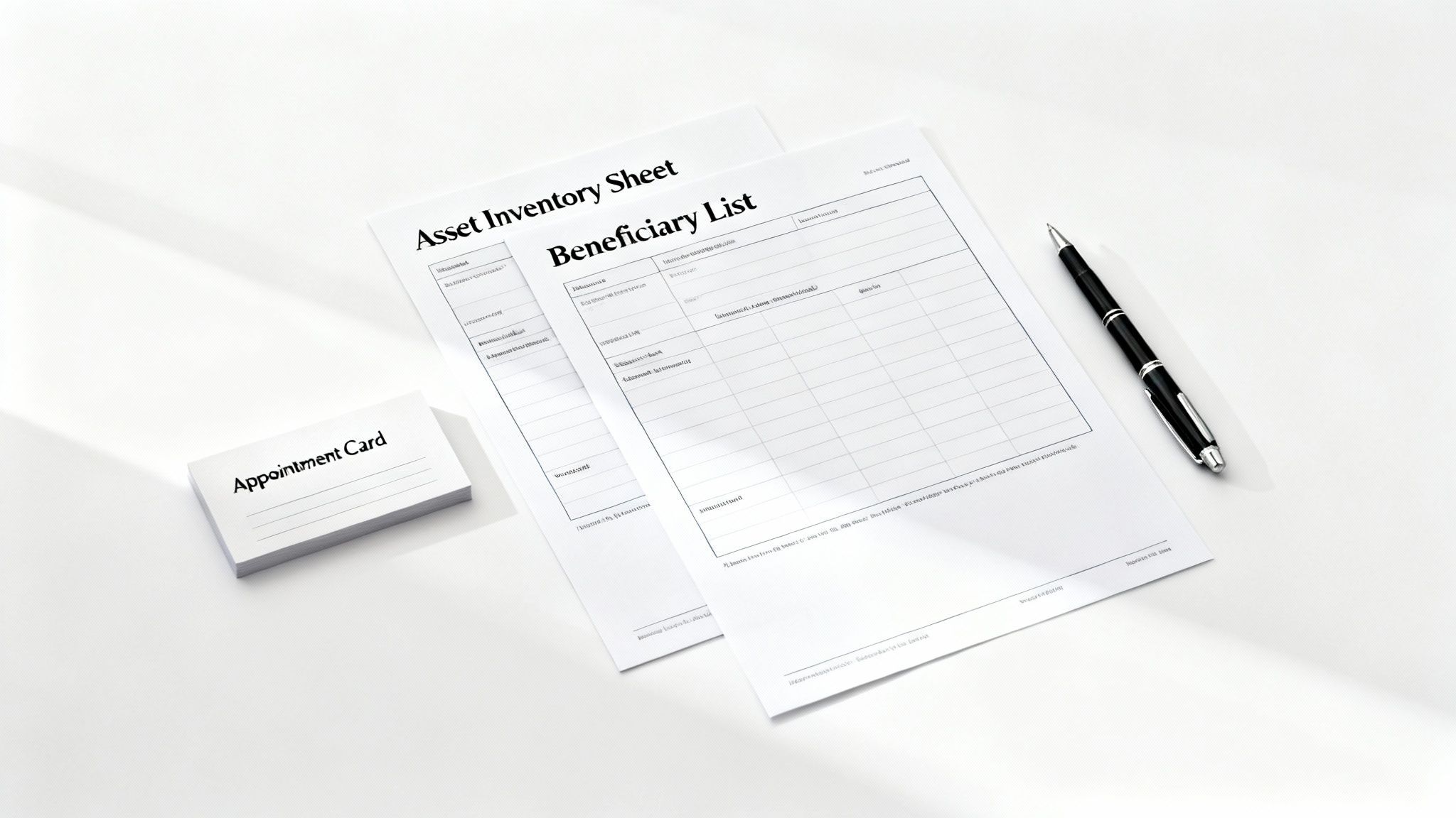 Asset inventory sheet, beneficiary list, appointment card, and pen for estate planning.