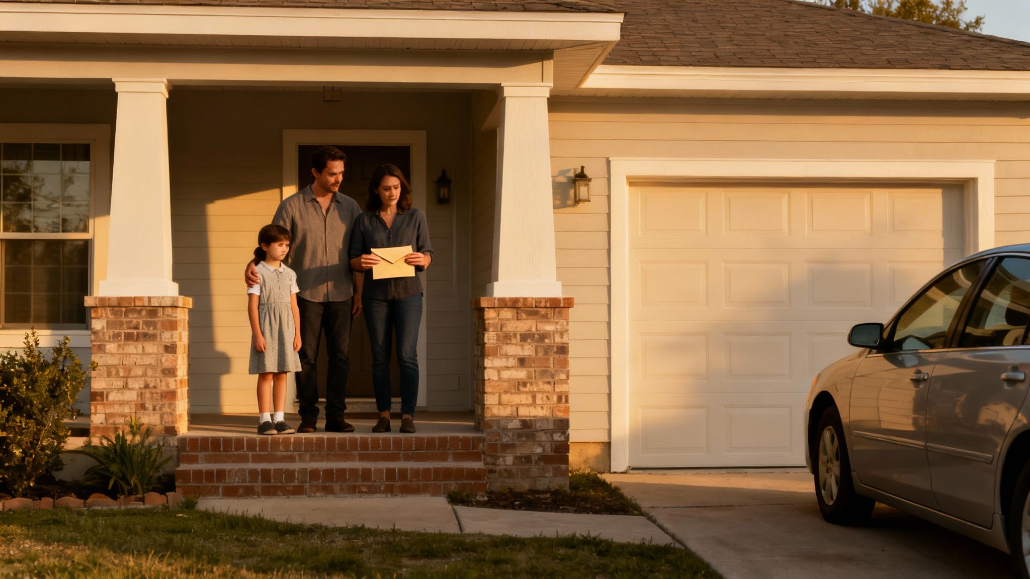 Family standing on porch of Texas home, holding envelope, symbolizing the muniment of title process for estate management after a loss.