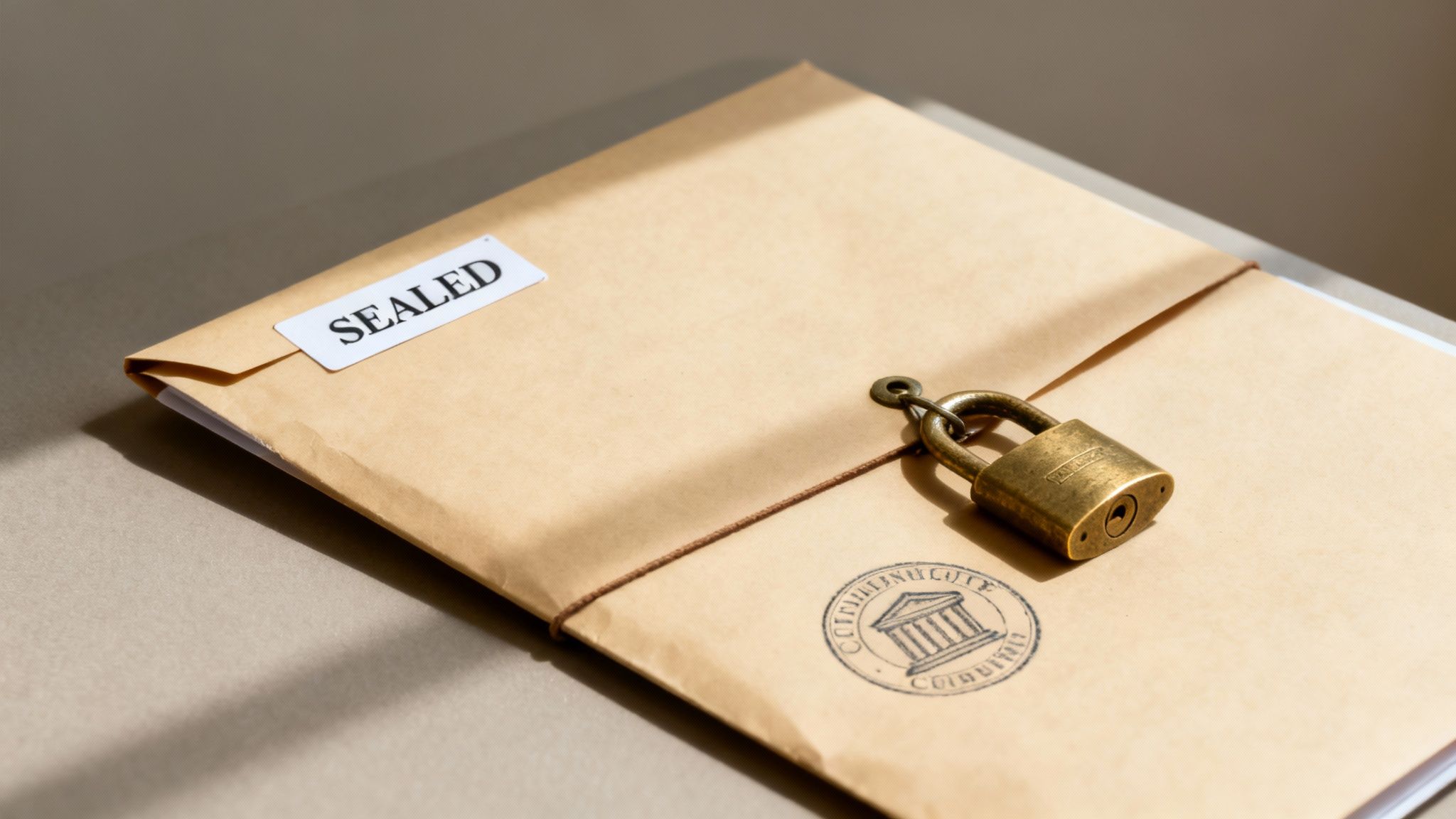 Confidential brown envelope with a "SEALED" label and a heavy brass padlock.