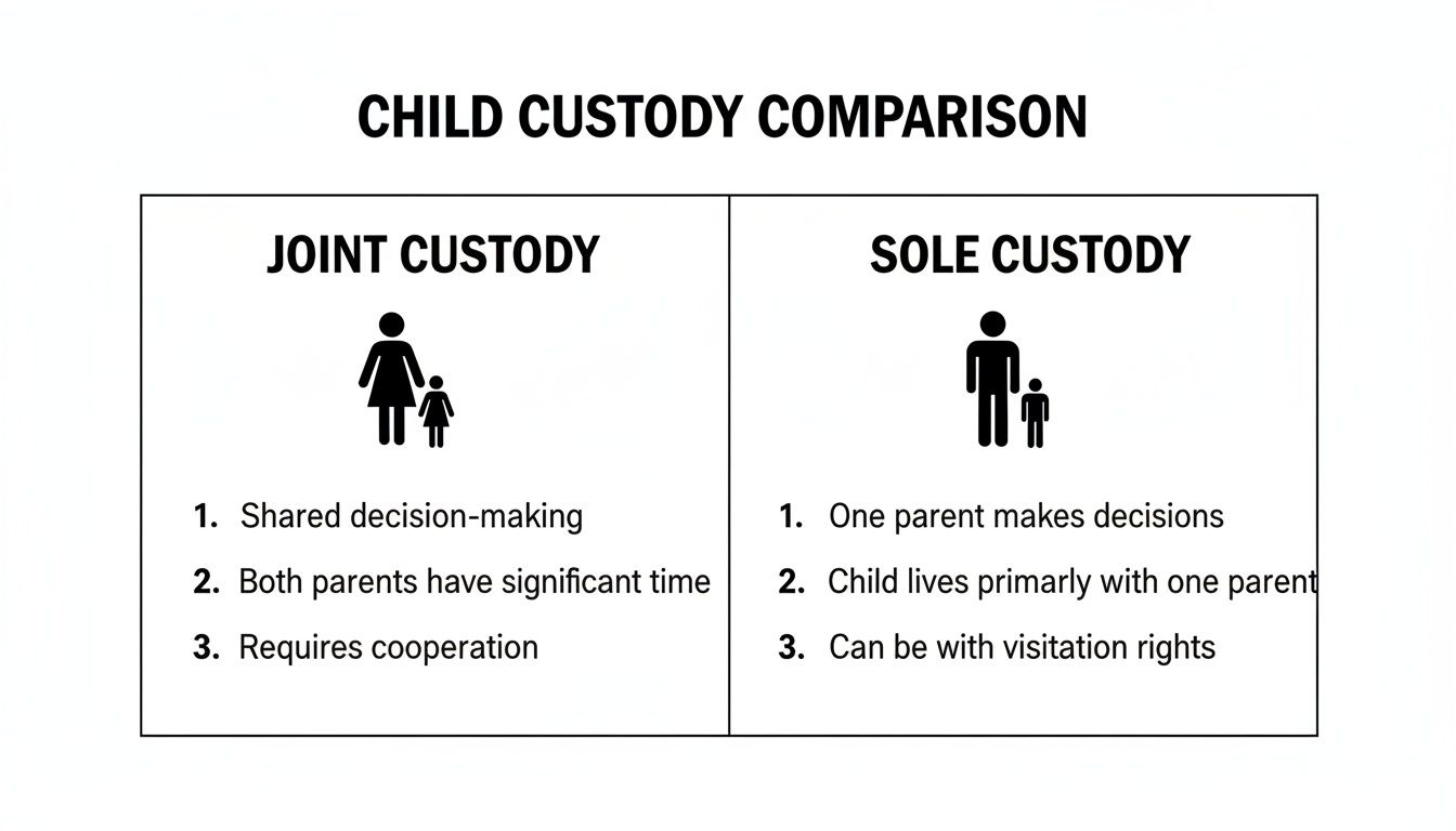A comparison chart detailing joint custody versus sole custody, listing key characteristics for each.