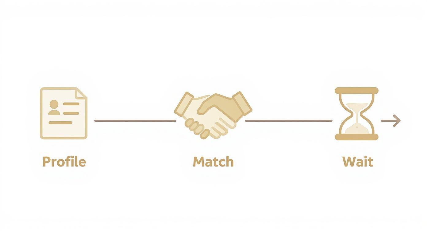 Infographic showing the adoption connection timeline with icons for Profile, Match, and Wait.