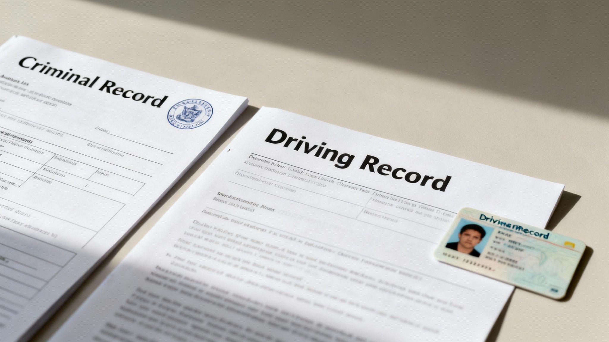 Two official documents, a Criminal Record and a Driving Record, with a driver's license.