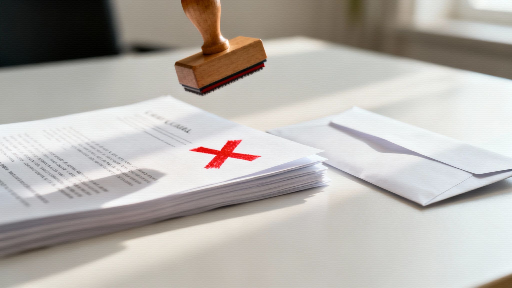 Stamp hovering above a stack of legal documents with a red "X," symbolizing rejection or invalidation of a legal trust, alongside an envelope, in a professional office setting.