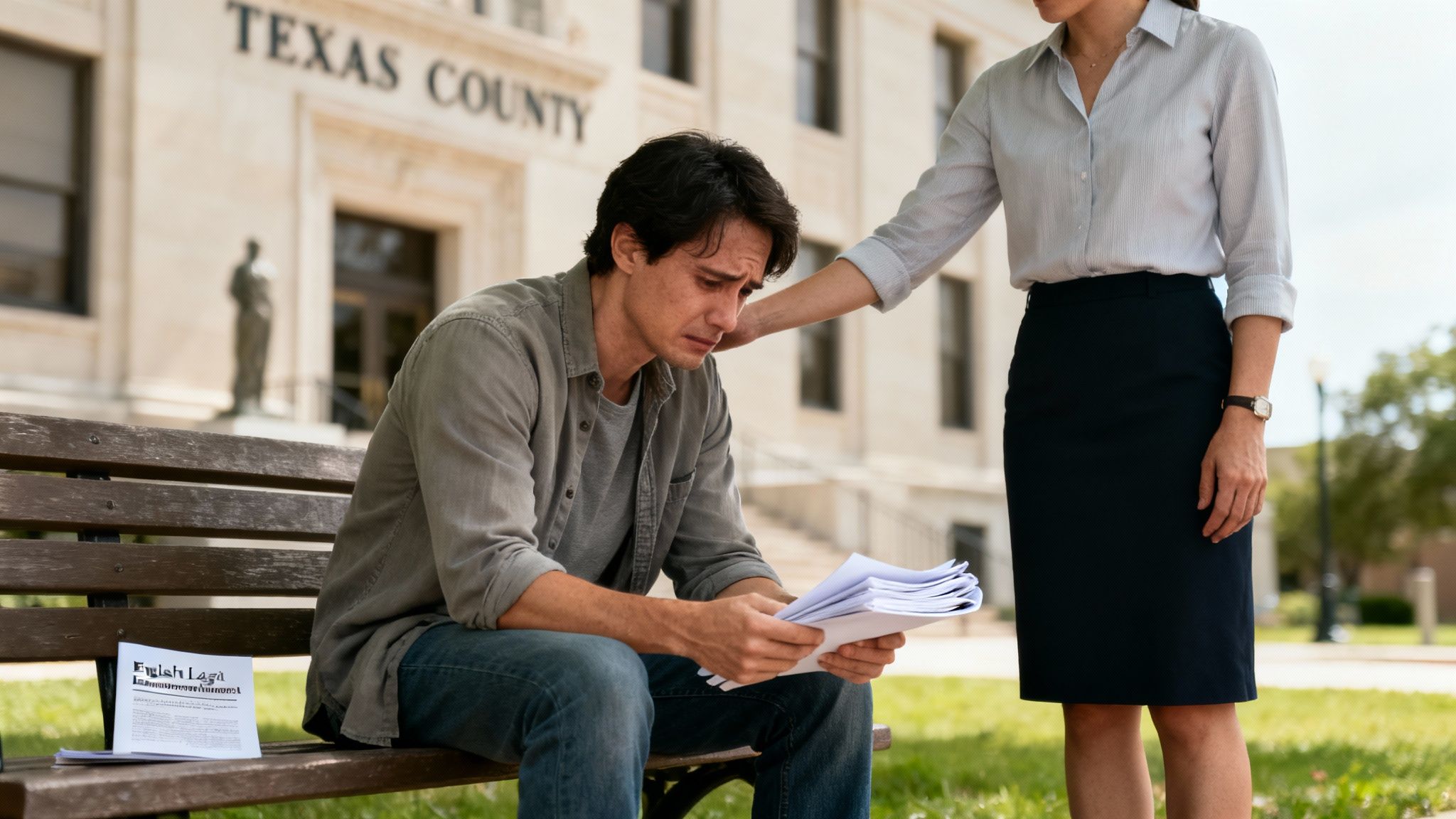 Man sitting on a bench outside a courthouse in Texas, looking distressed while holding legal documents, with a woman in professional attire comforting him.