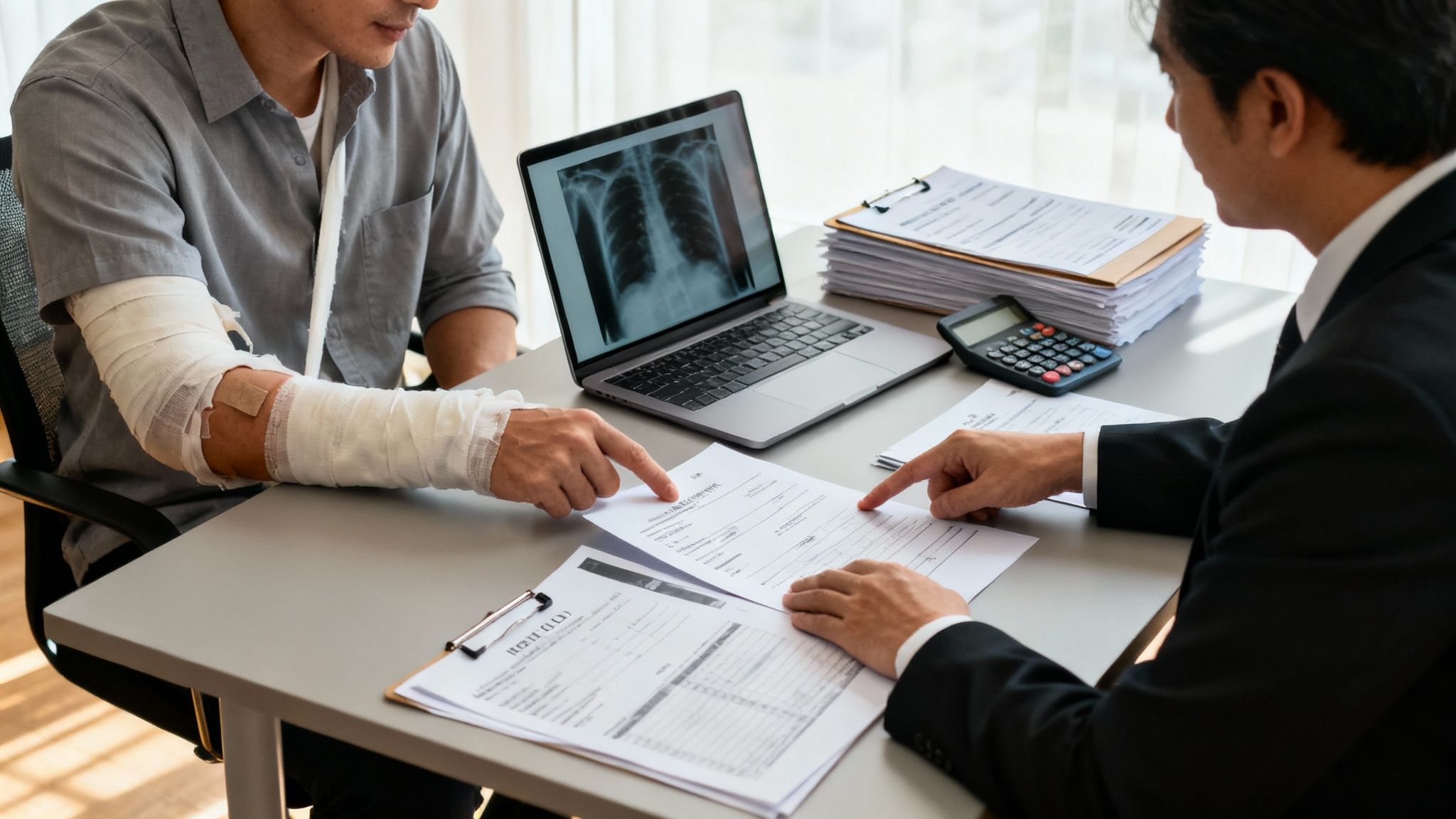 Man with a bandaged arm discussing an injury claim with a professional, with X-ray on laptop.
