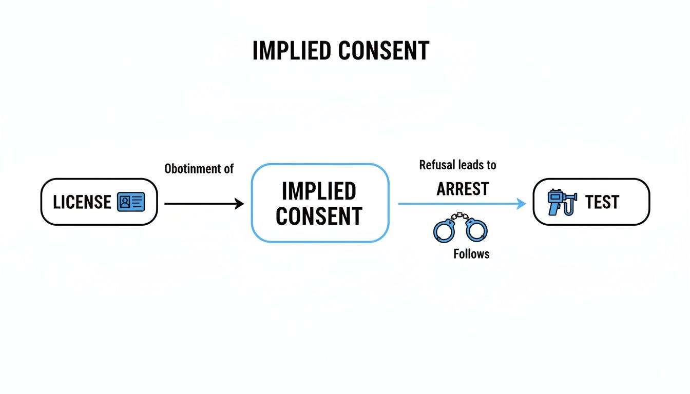 Implied consent flowchart illustrating the connection between obtaining a driver's license, refusal leading to arrest, and the requirement for a chemical test in Texas DWI cases.