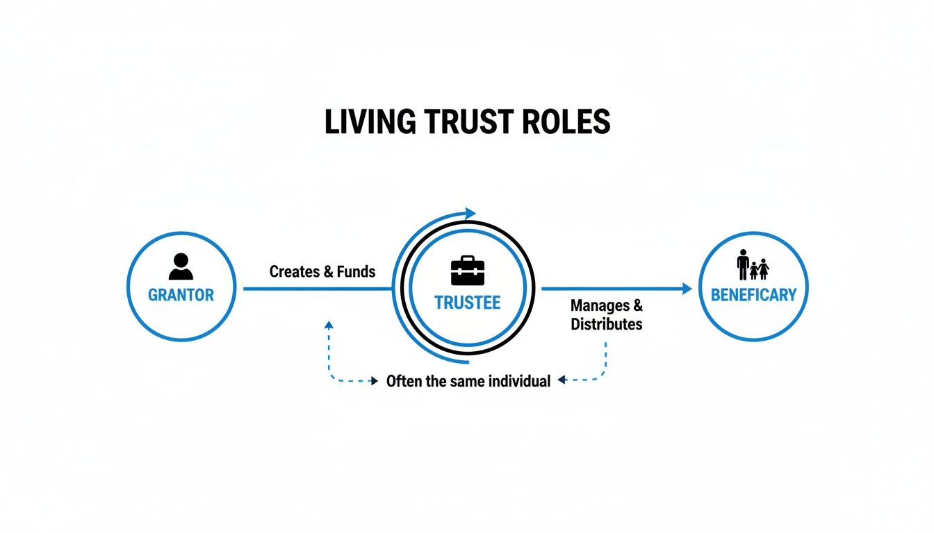 Diagram illustrating the roles in a revocable living trust: Grantor creates and funds the trust, Trustee manages and distributes assets, and Beneficiary receives the assets, highlighting the relationships and responsibilities involved in estate planning.