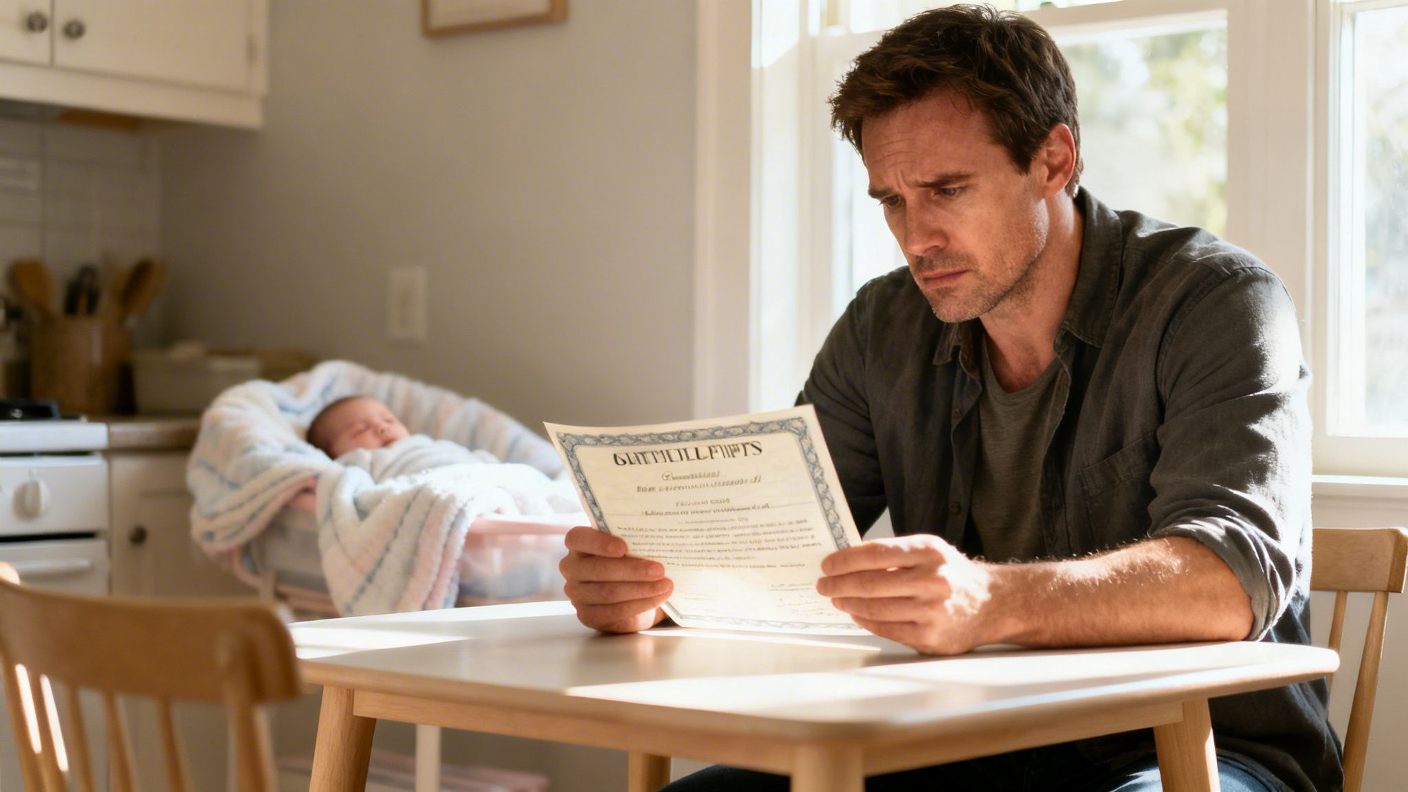 A concerned man reads a document while a baby sleeps peacefully in the background.