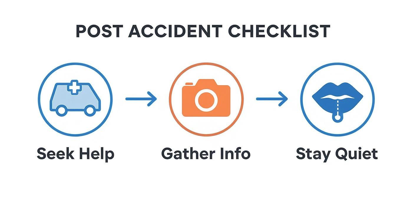 Post accident checklist showing three steps: seek medical help, gather information with photos, stay quiet