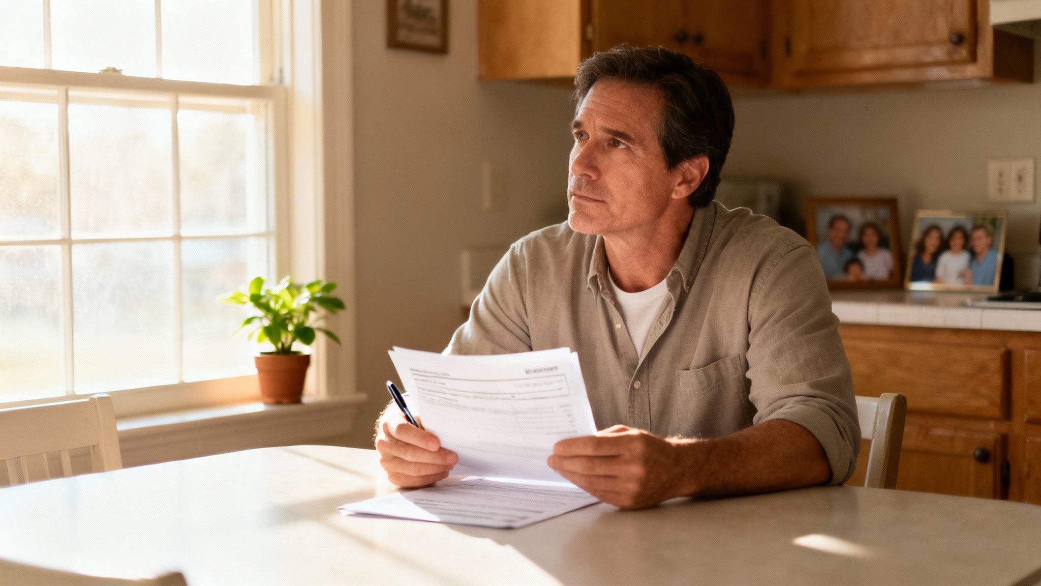 Un hombre pensativo en una mesa con documentos y un bolígrafo, mirando por la ventana en una cocina.