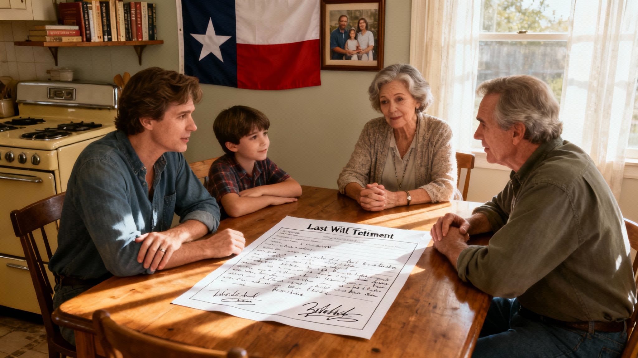 Family discussing a Texas last will and testament at a kitchen table, with a Texas flag in the background, illustrating the importance of estate planning and protecting loved ones.