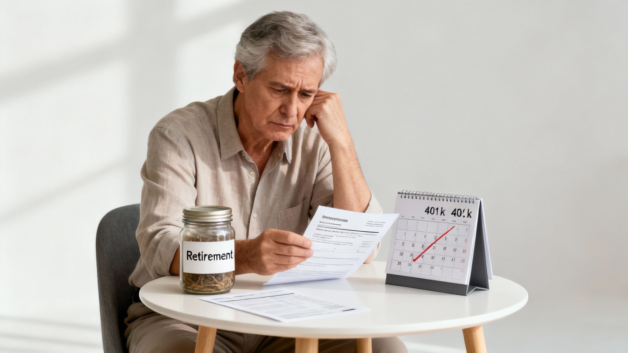 An elderly man looks worried, holding a document next to a 'Retirement' jar and a 401k calendar.