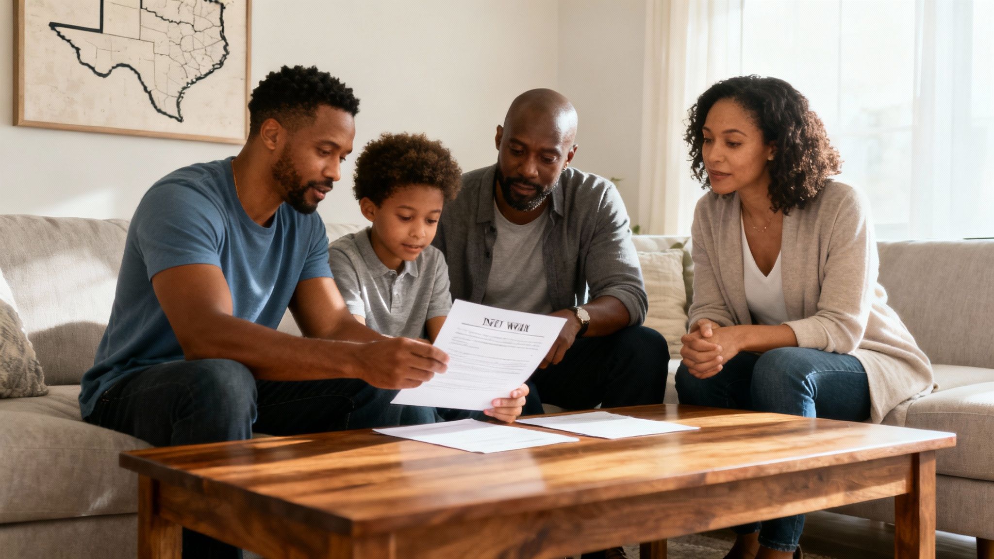 Family discussing a Texas will and guardianship options, reviewing documents at home.