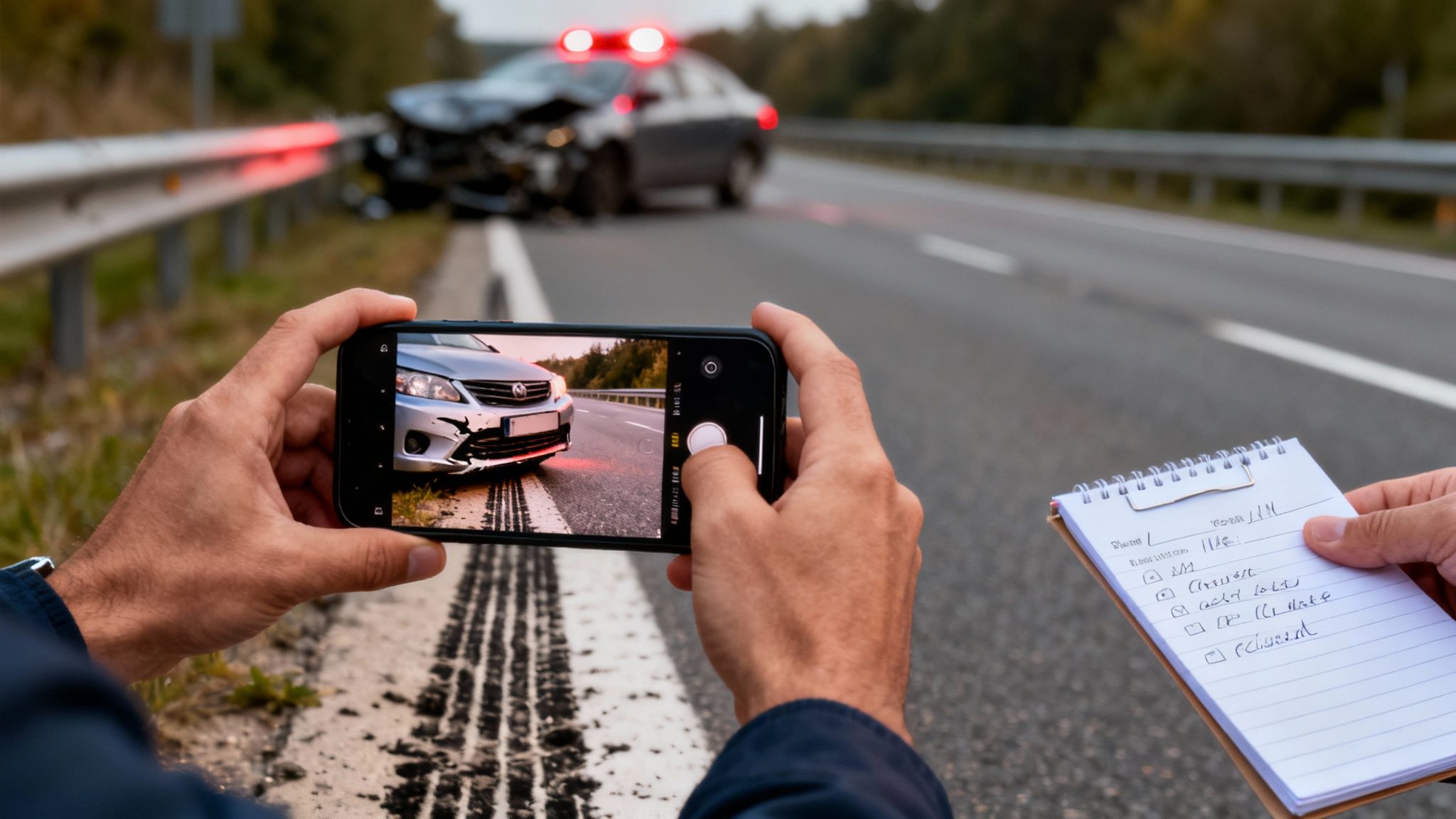 A person photographs a car accident with a smartphone and takes notes on a clipboard. A damaged car with flashing lights is in the background.
