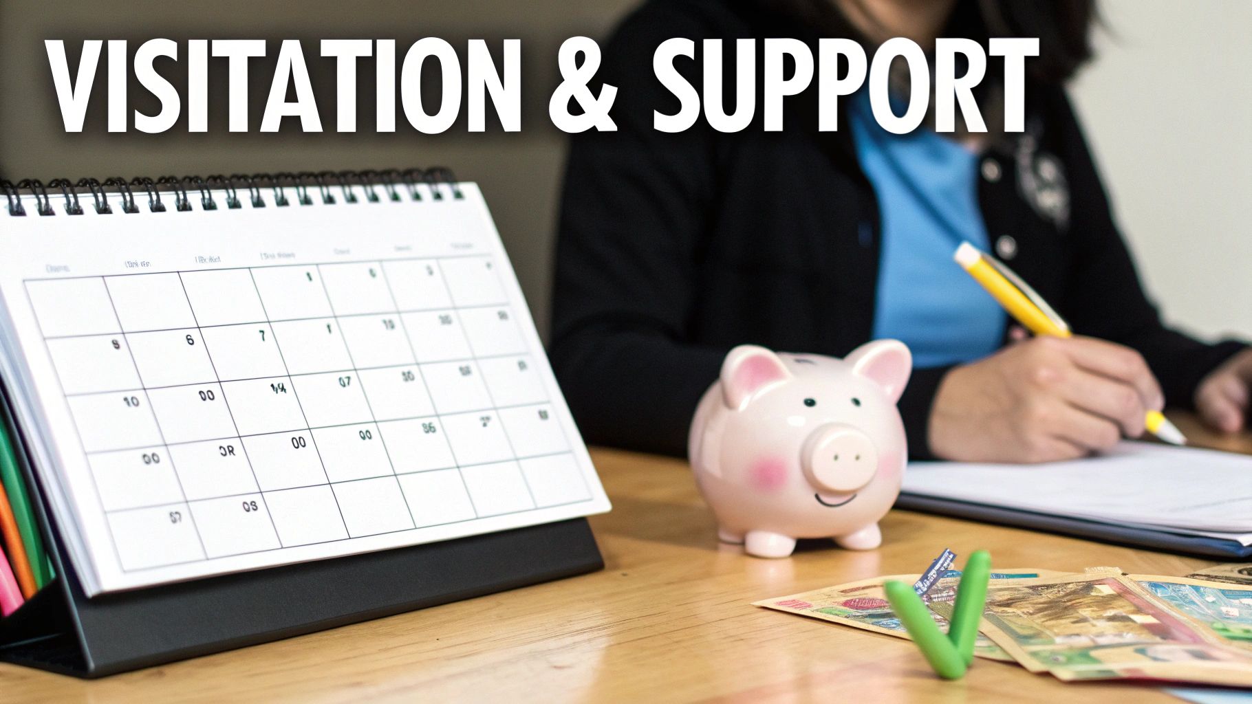 A calendar, piggy bank, money, and person writing with 'Visitation & Support' overlay.