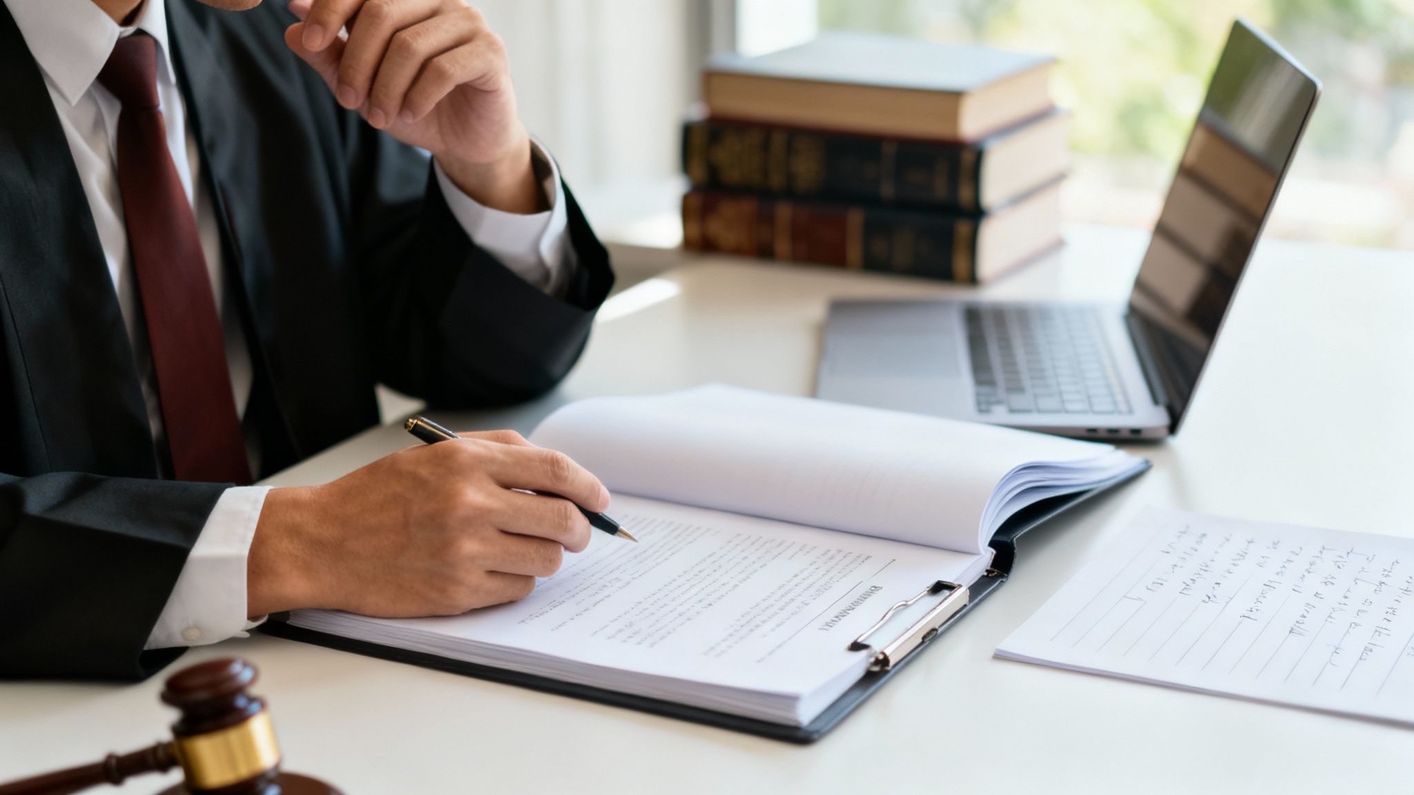 A lawyer in a suit reviews legal documents with a pen, surrounded by books and a gavel.