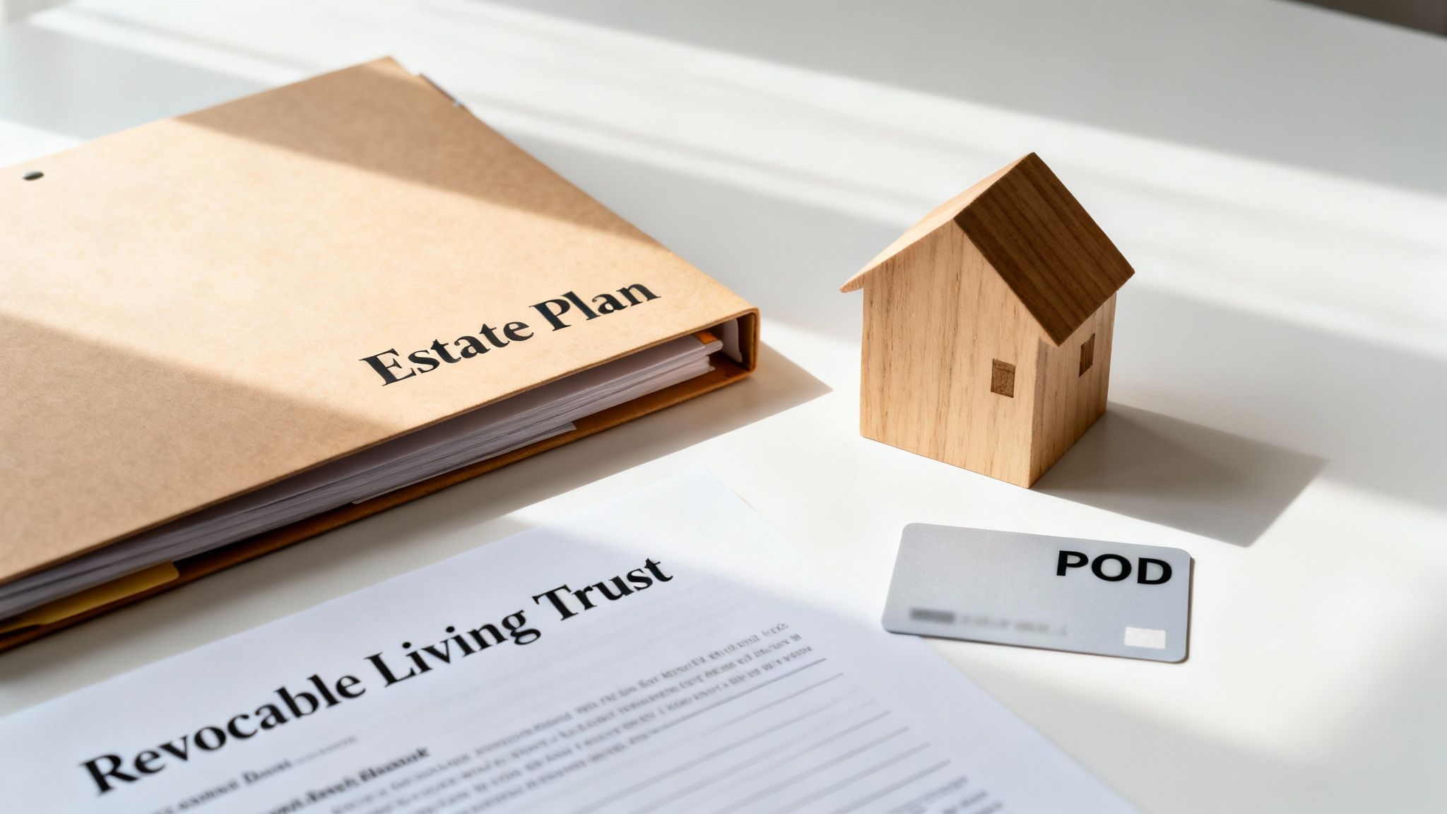 An 'Estate Plan' binder, 'Revocable Living Trust' document, 'POD' card, and a wooden house model for inheritance planning.